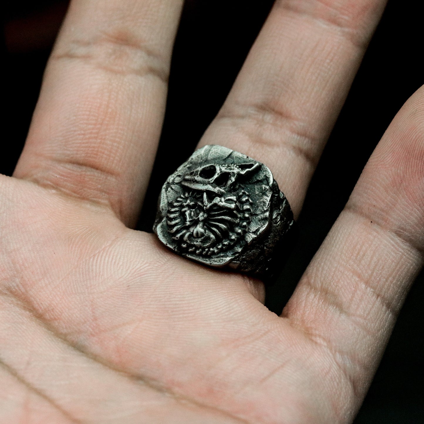 Chameleon Fossil Ring with Cracked Stone Texture ¨C 925 Sterling Silver Handmade