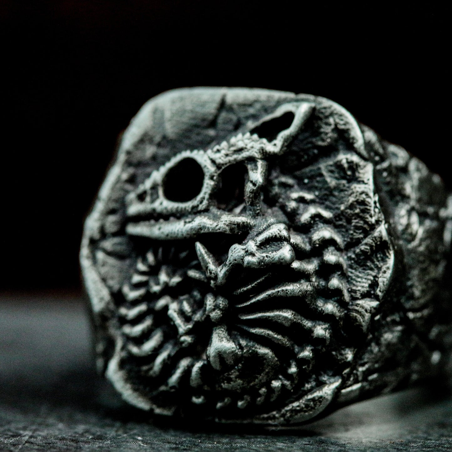 Chameleon Fossil Ring with Cracked Stone Texture ¨C 925 Sterling Silver Handmade