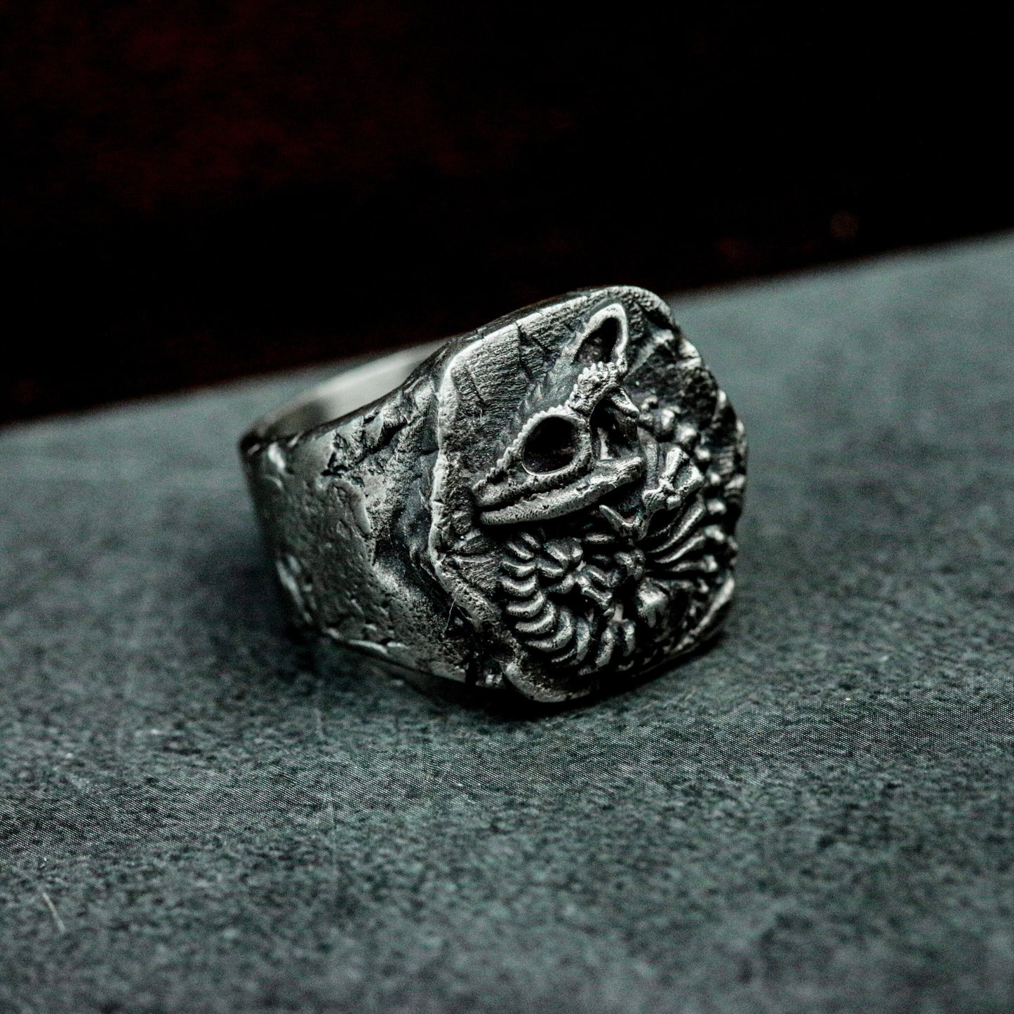 Chameleon Fossil Ring with Cracked Stone Texture ¨C 925 Sterling Silver Handmade