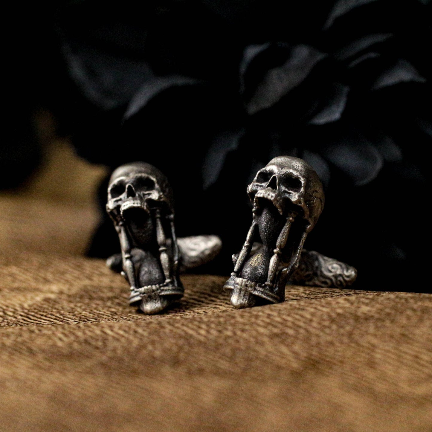 Hourglass Skull Cufflinks, Time Art Design - 925 Sterling Silver Handmade