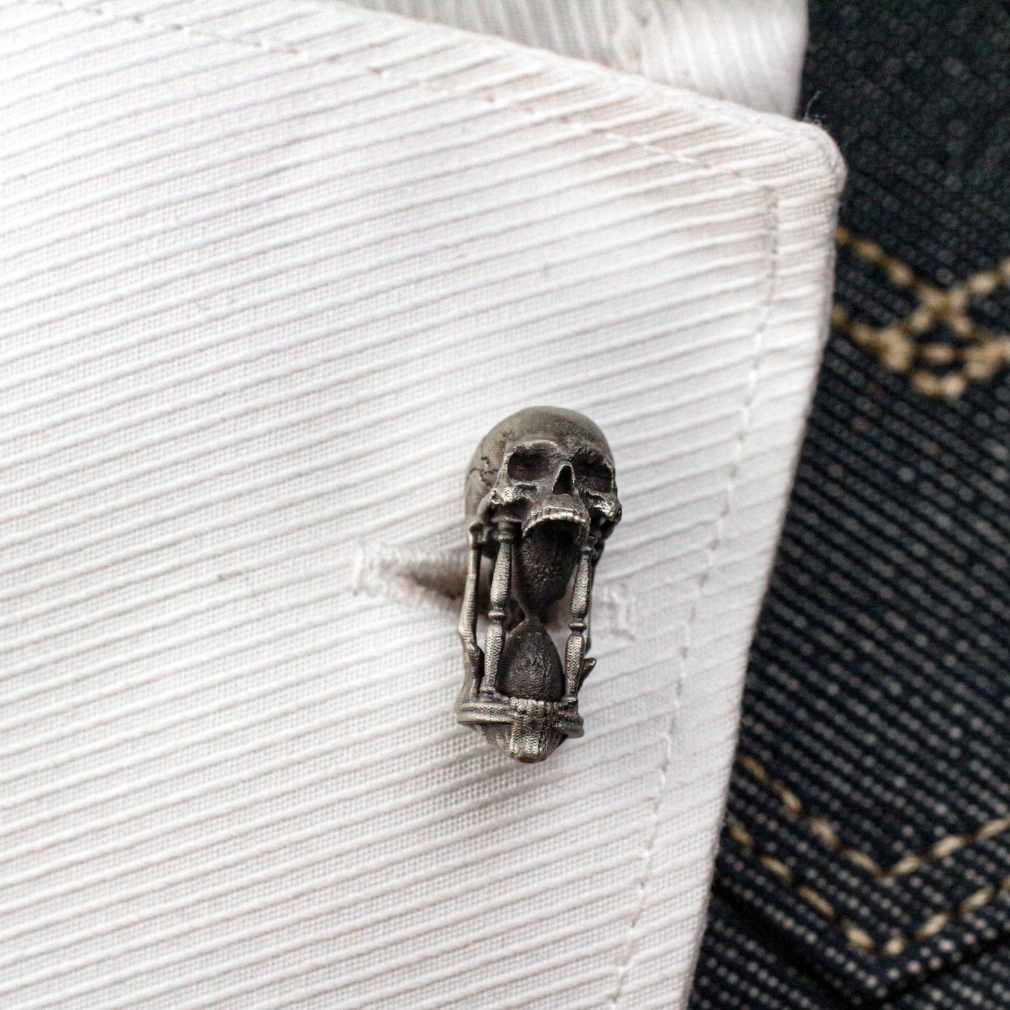Hourglass Skull Cufflinks, Time Art Design - 925 Sterling Silver Handmade