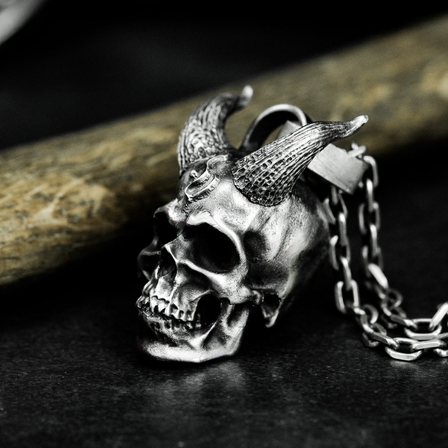 Hanging Demon Skull Pendant with Chain Suspension ¨C 925 Sterling Silver Handmade