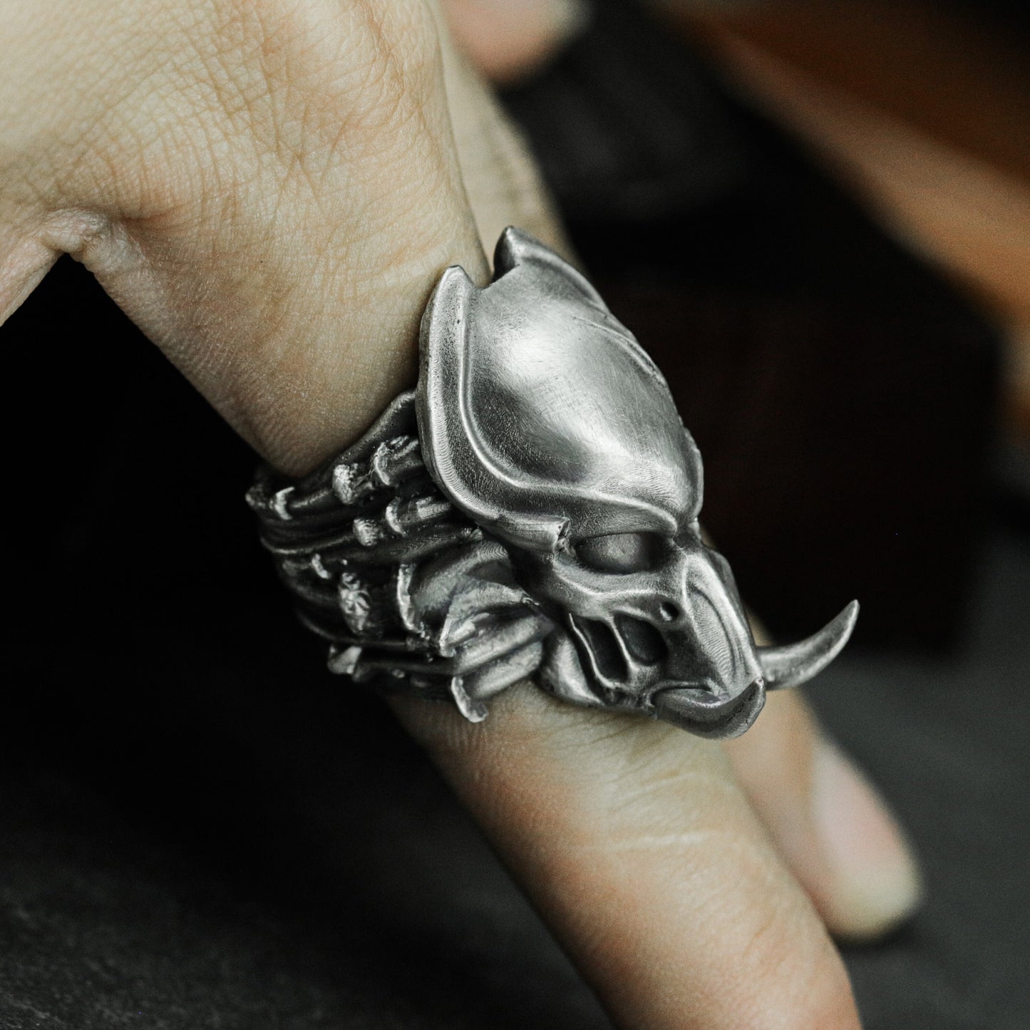 Alien Skull Ring with Spine Detail - 925 Sterling Silver Handmade