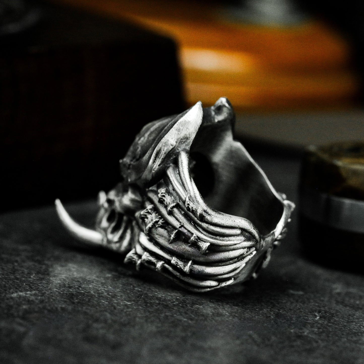 Alien Skull Ring with Spine Detail - 925 Sterling Silver Handmade