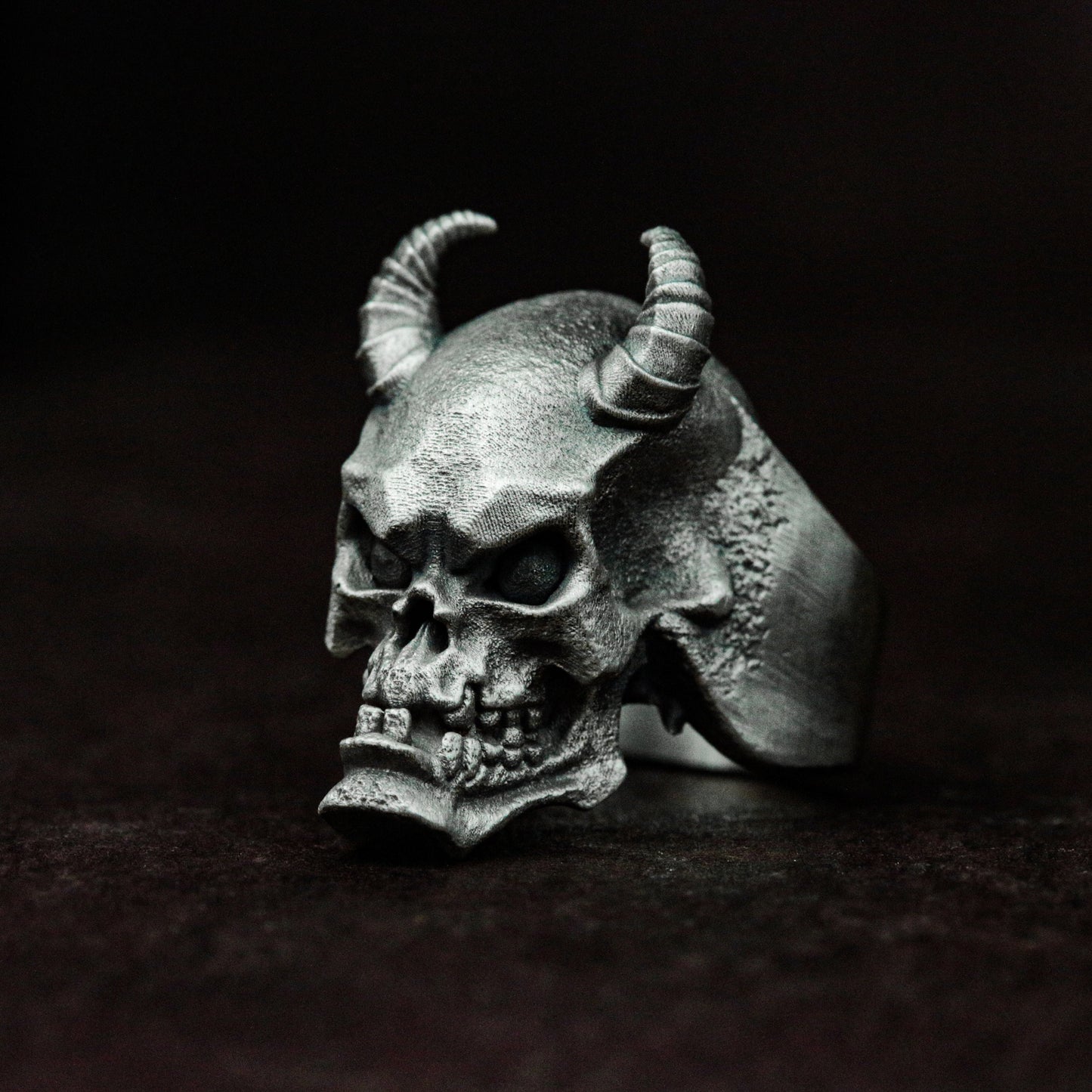 Demon Skull Ring with Horns and Fangs ¨C 925 Sterling Silver Handmade