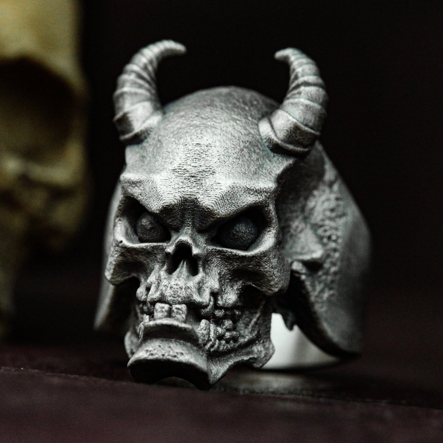 Demon Skull Ring with Horns and Fangs ¨C 925 Sterling Silver Handmade