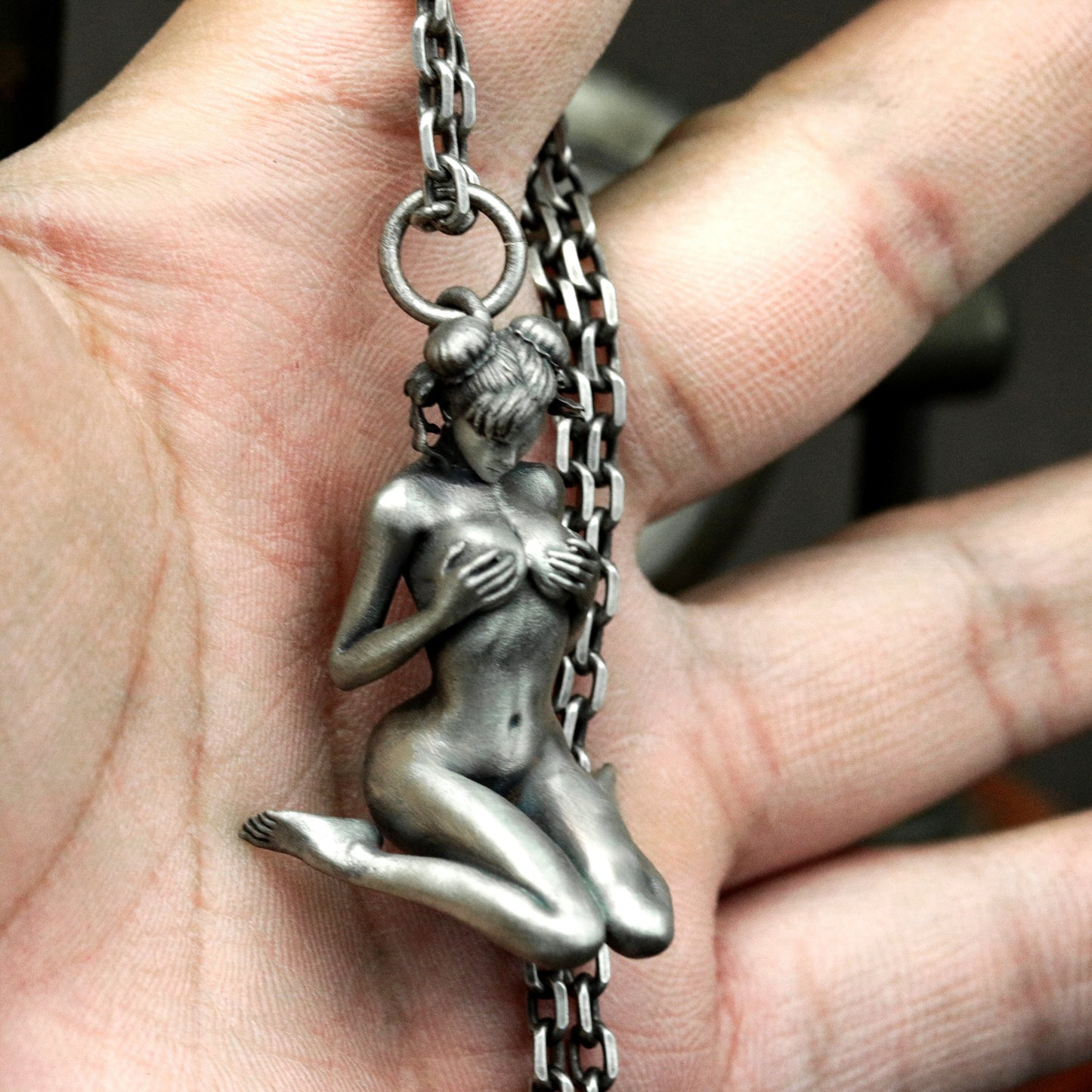 Kneeling Nude Elf Woman Pendant ¨C 925 Sterling Silver Handmade