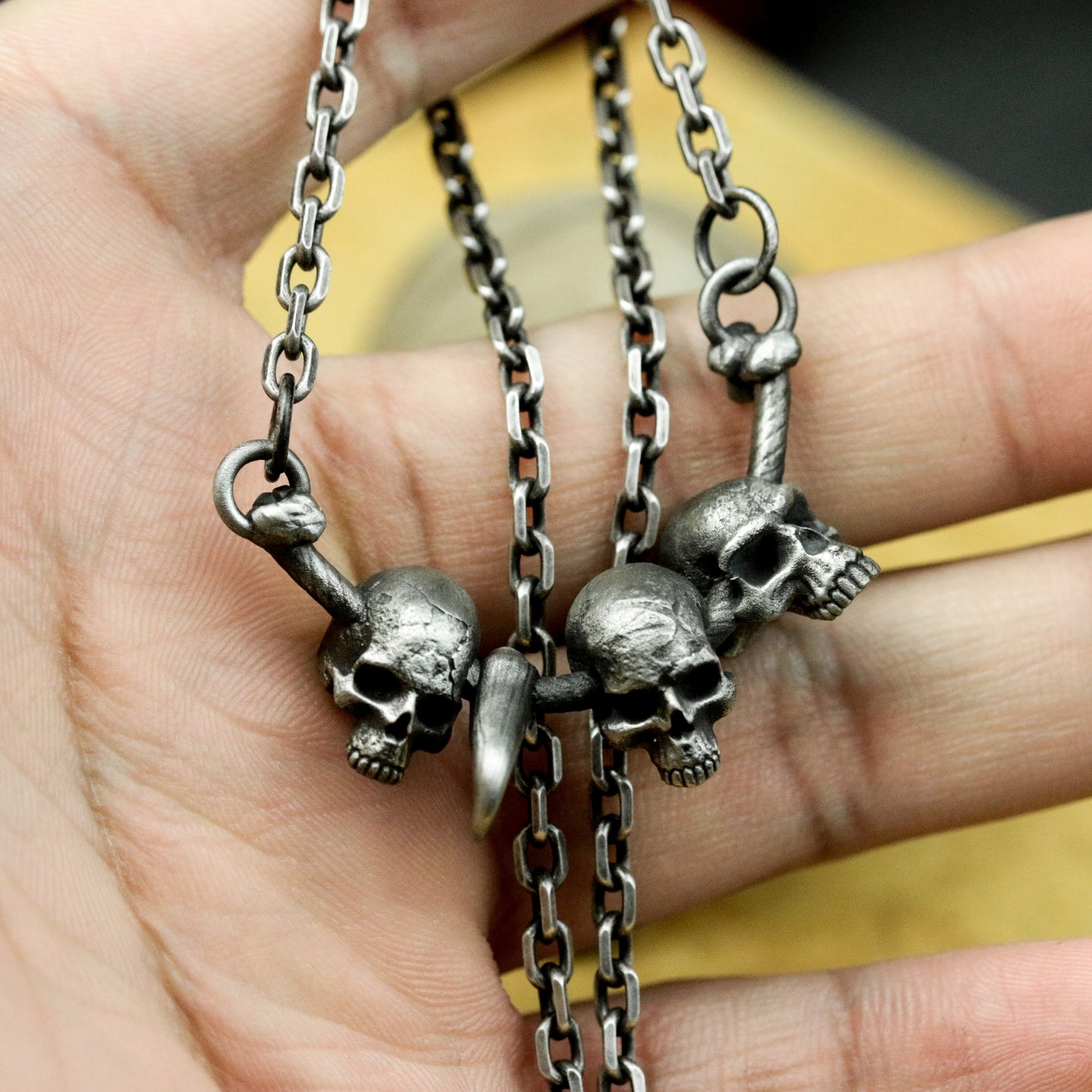 Three Skull Pendant with Central Spike - 925 Sterling Silver Handmade