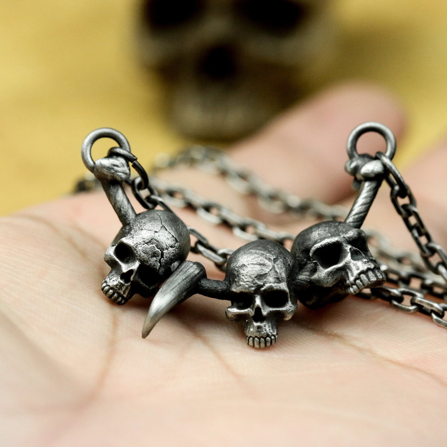 Three Skull Pendant with Central Spike - 925 Sterling Silver Handmade