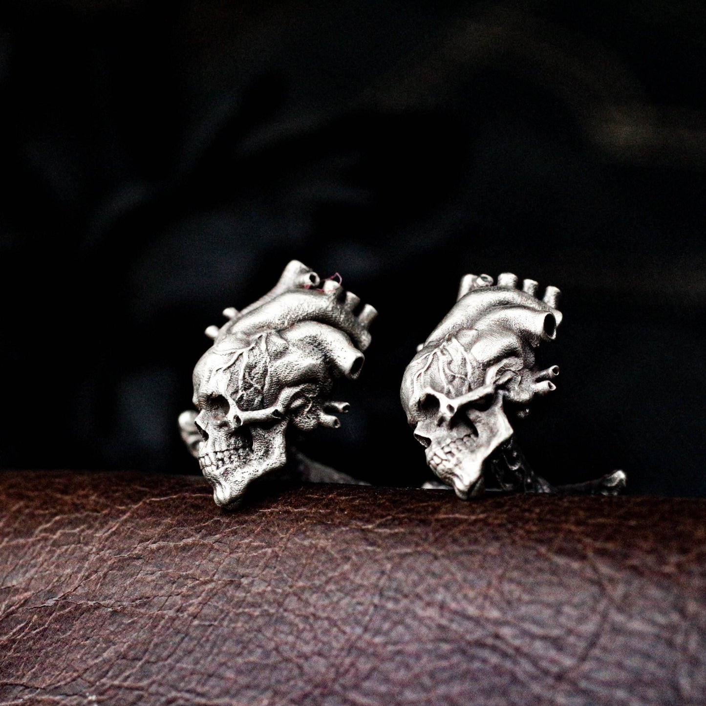 Anatomical Heart Skull Cufflinks, 925 Silver Handmade