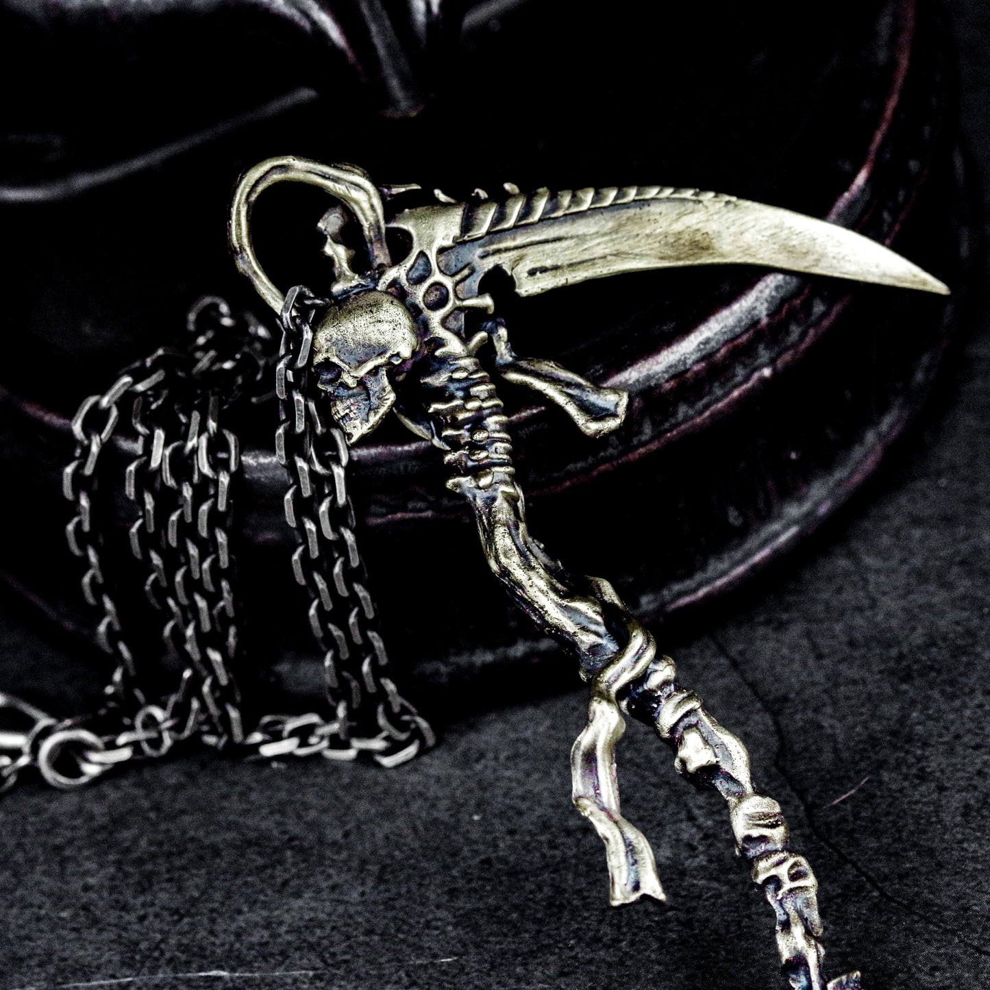 Minimal Grim Reaper Pendant with Long Scythe ¨C 925 Sterling Silver Handmade