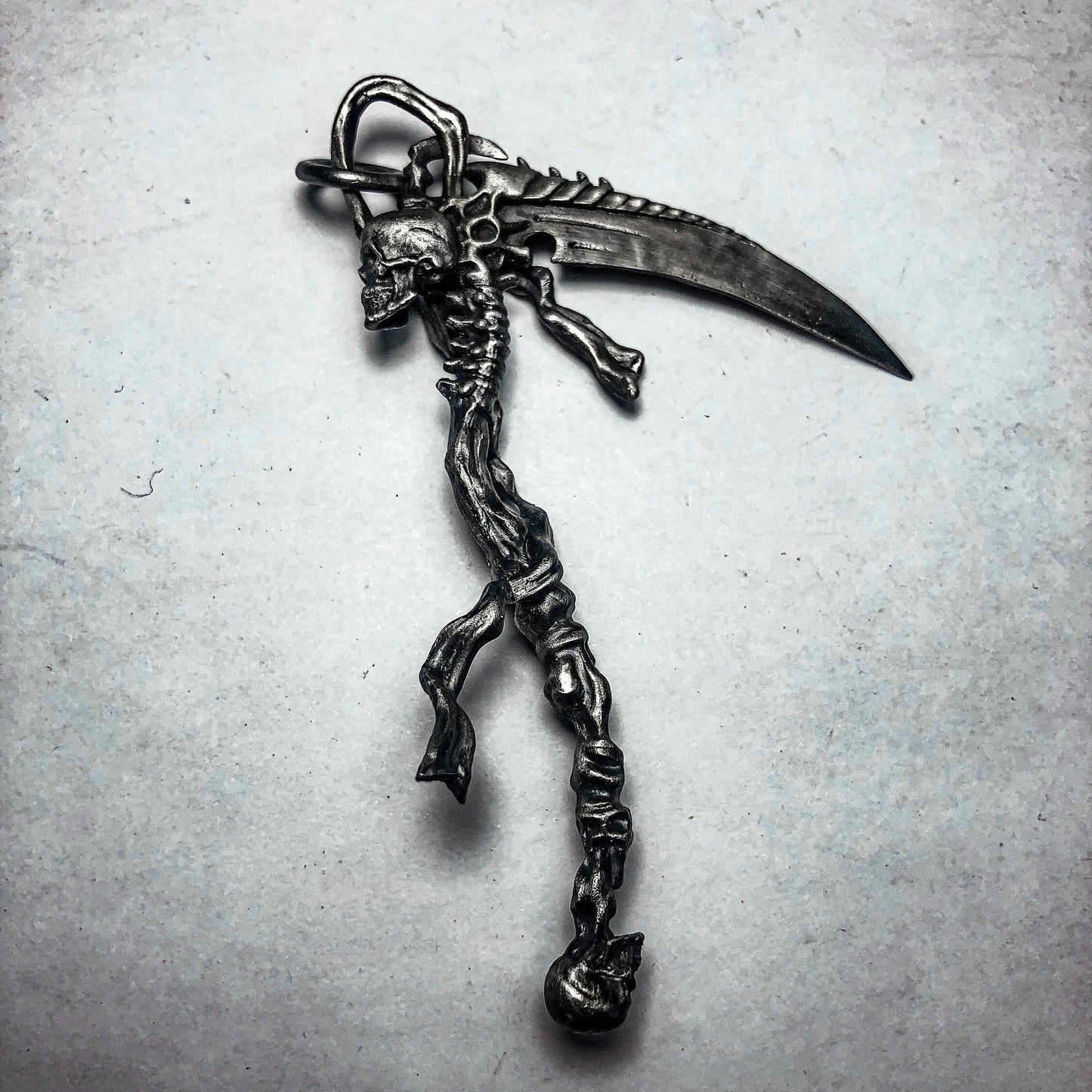 Minimal Grim Reaper Pendant with Long Scythe ¨C 925 Sterling Silver Handmade
