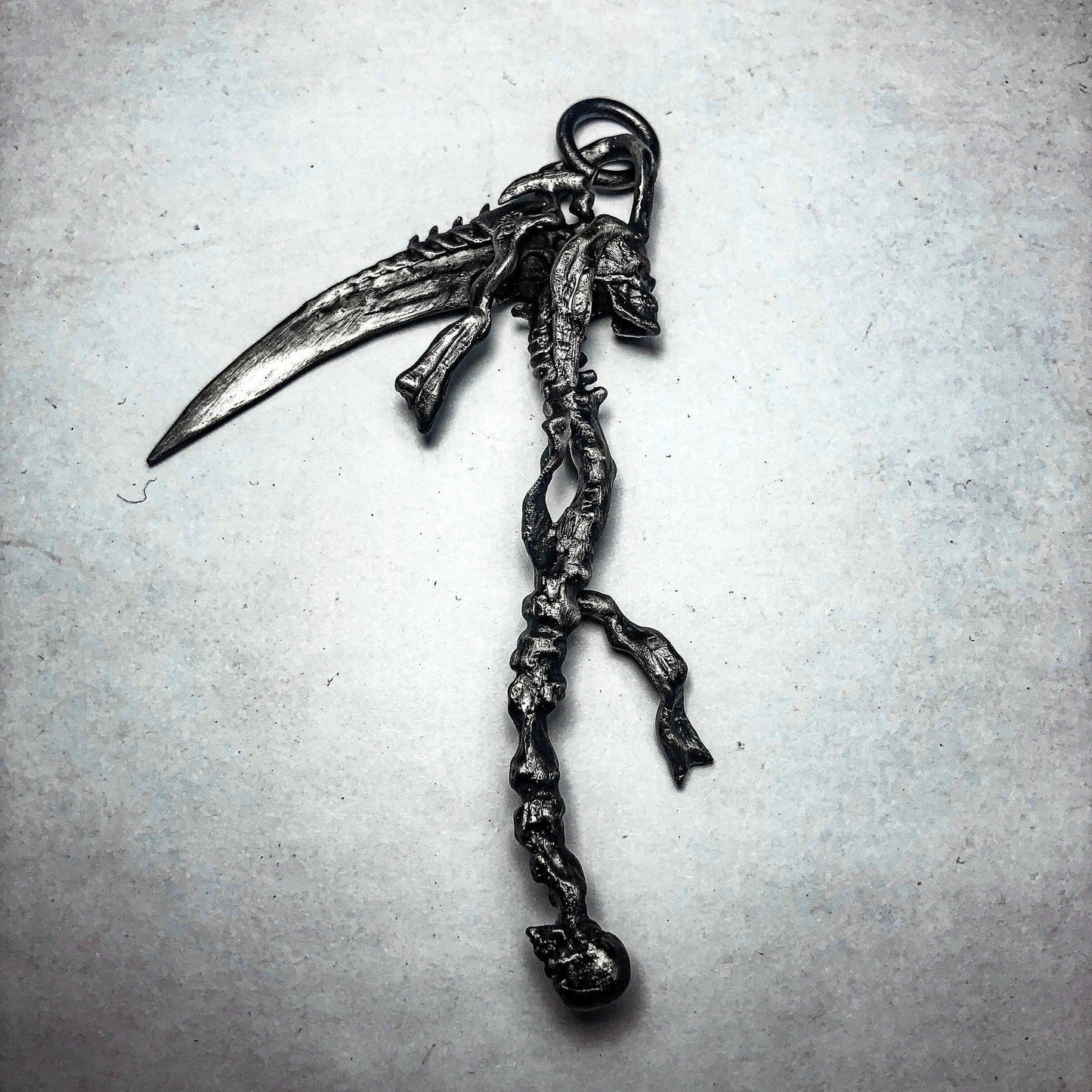 Minimal Grim Reaper Pendant with Long Scythe ¨C 925 Sterling Silver Handmade