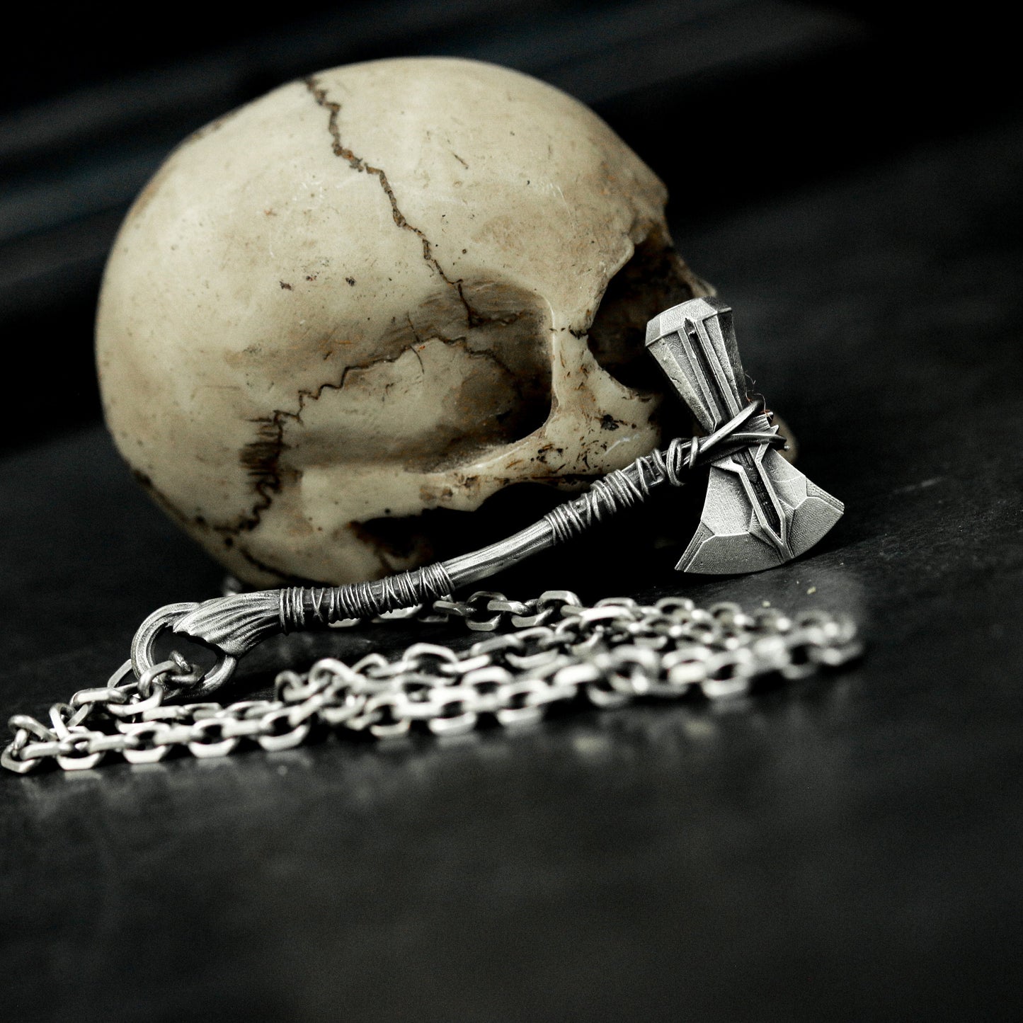 Small Battle Axe Pendant with Wrapped Grip - 925 Sterling Silver Handmade