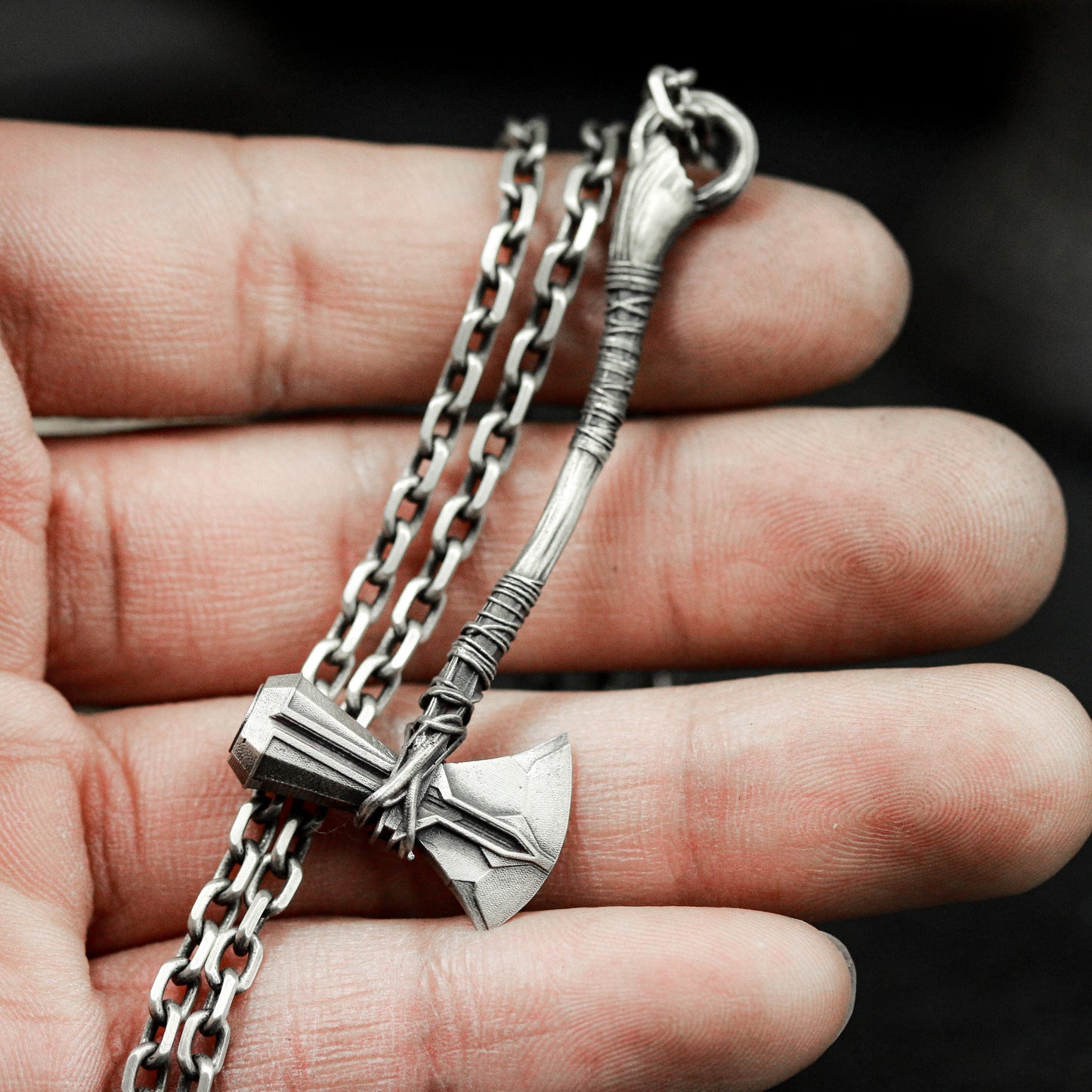 Small Battle Axe Pendant with Wrapped Grip - 925 Sterling Silver Handmade