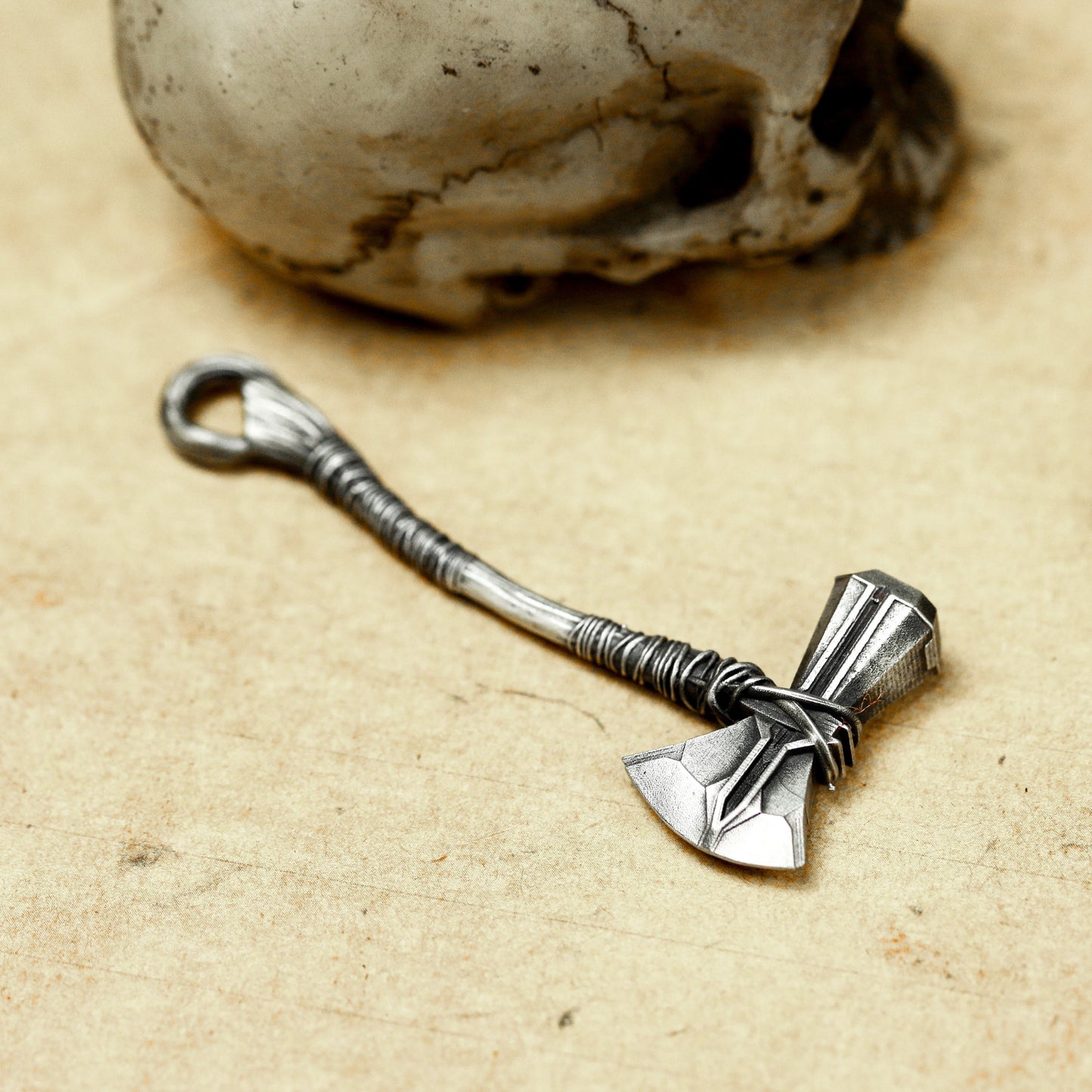 Small Battle Axe Pendant with Wrapped Grip - 925 Sterling Silver Handmade