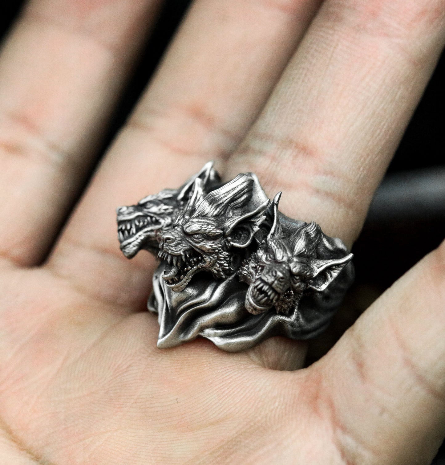 Three Wolf Ring ¨C Handmade 925 Silver Triple Howl Beast Band