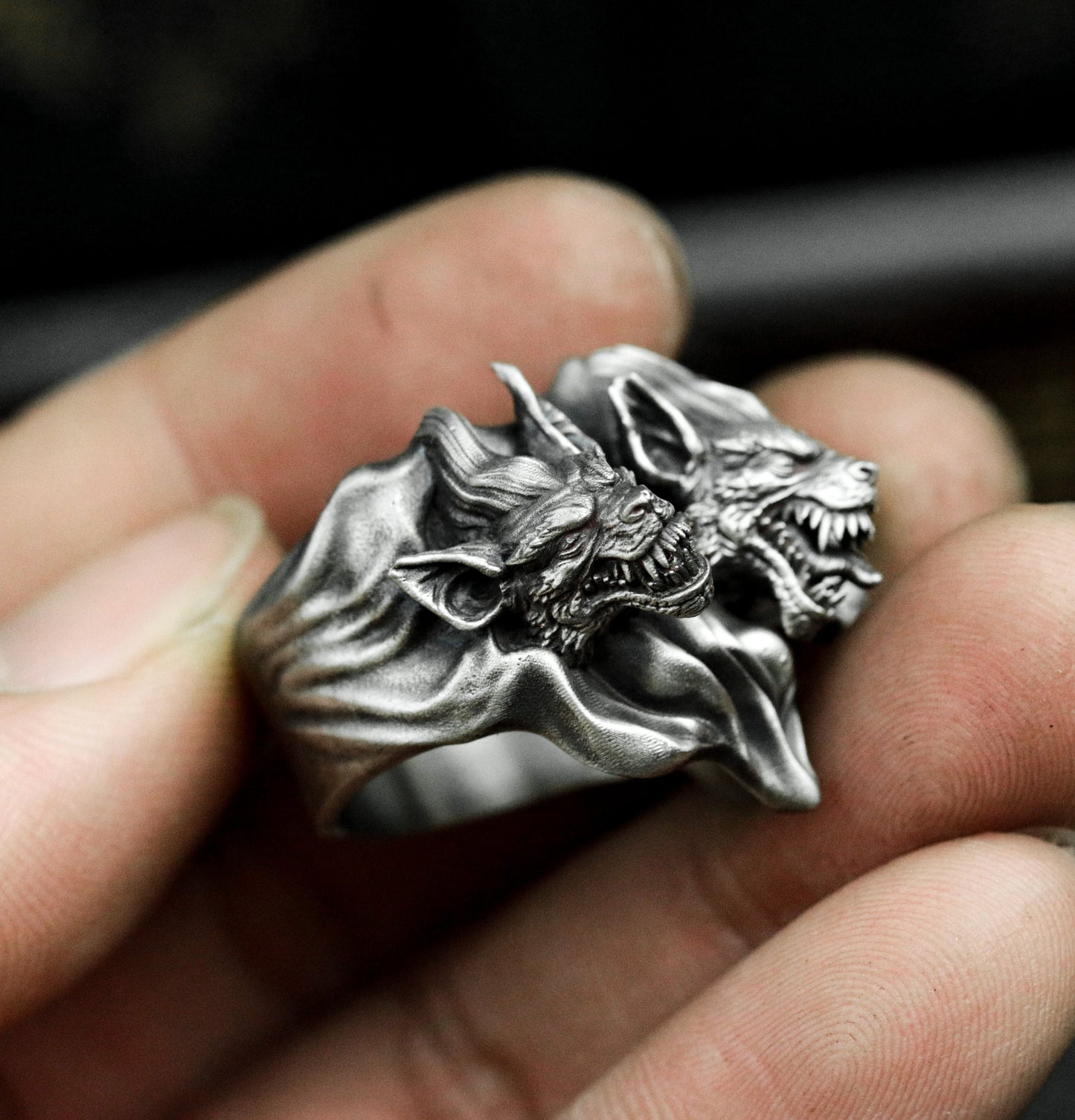 Three Wolf Ring ¨C Handmade 925 Silver Triple Howl Beast Band