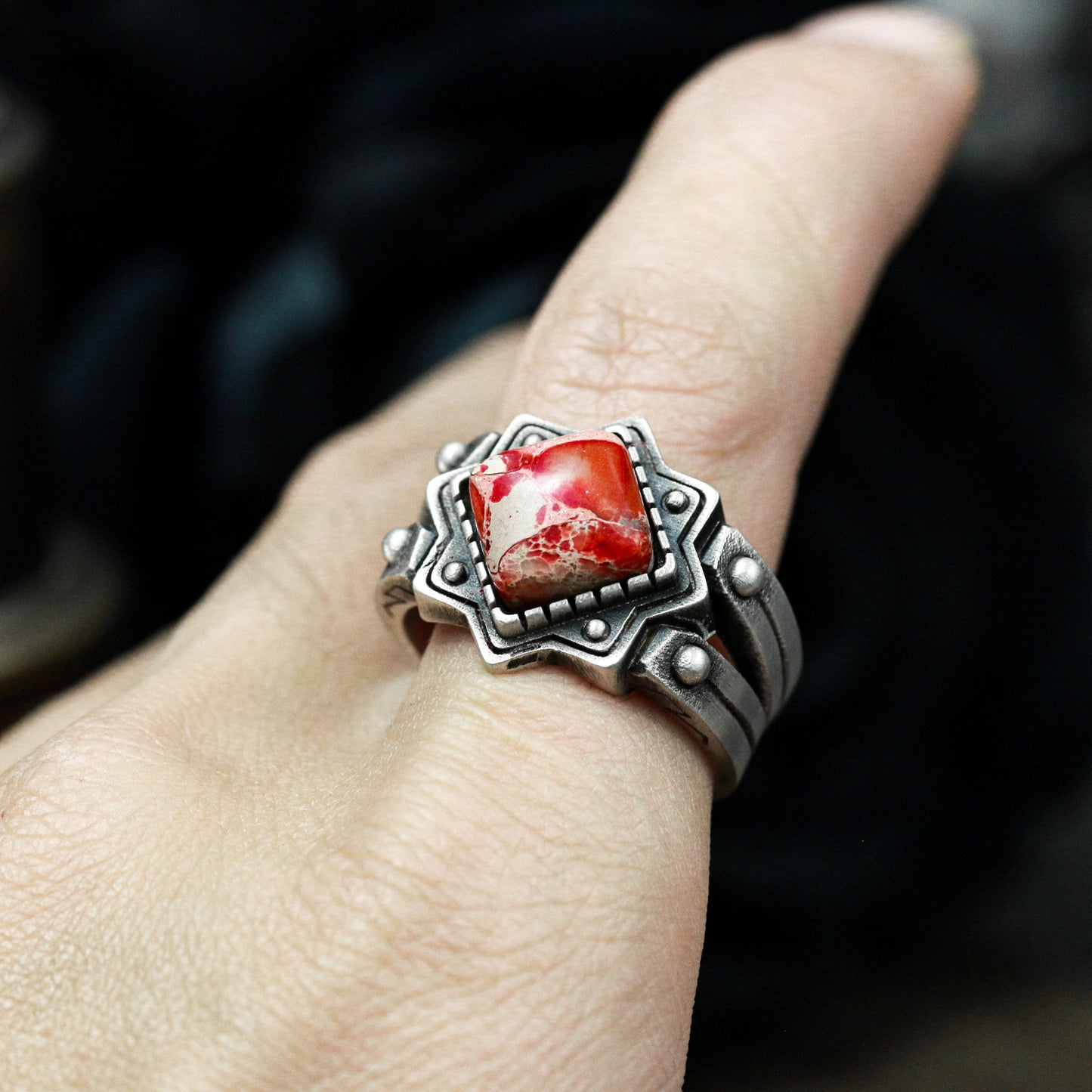 Red Stone Gothic Signet Ring ¨C 925 Sterling Silver Handmade