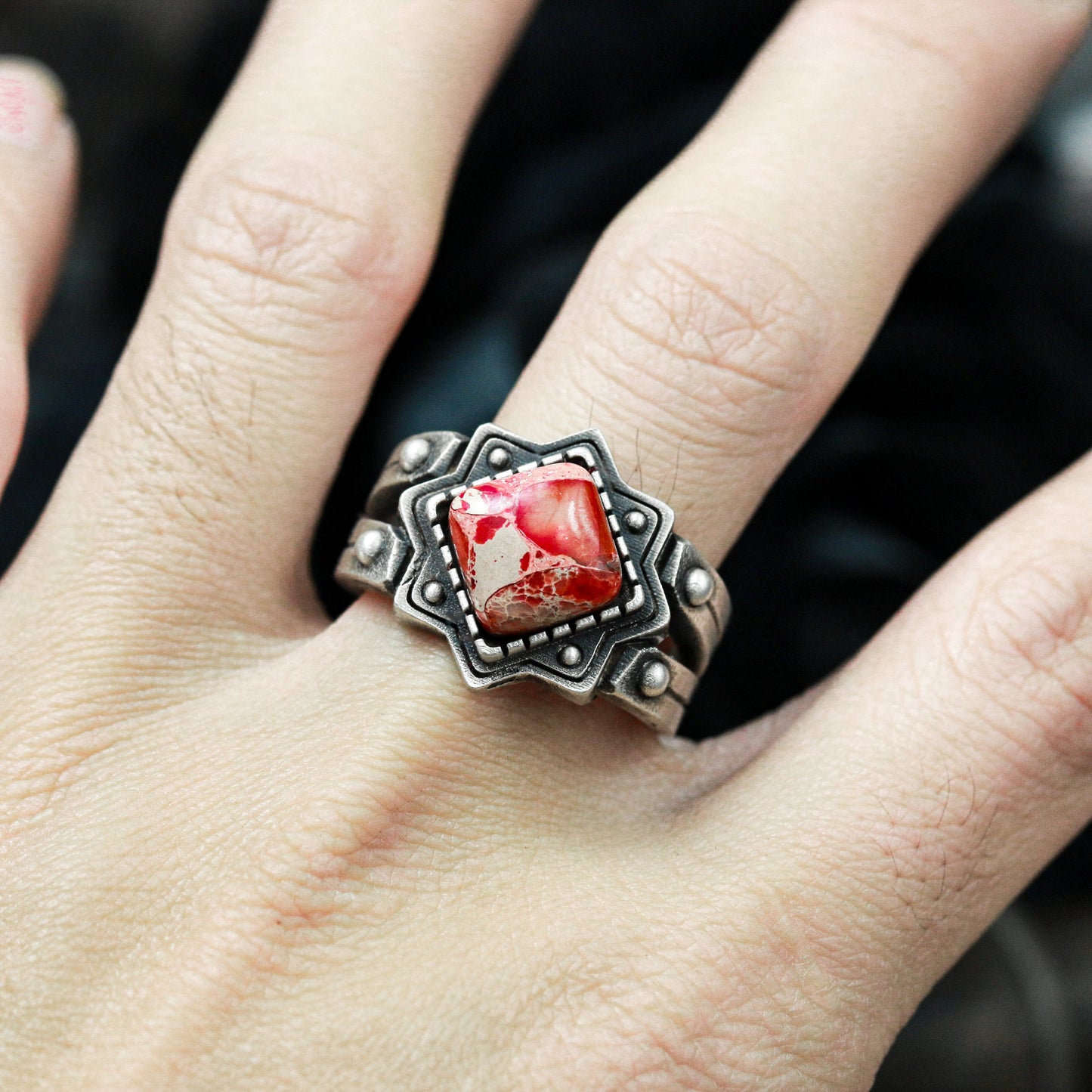 Red Stone Gothic Signet Ring ¨C 925 Sterling Silver Handmade
