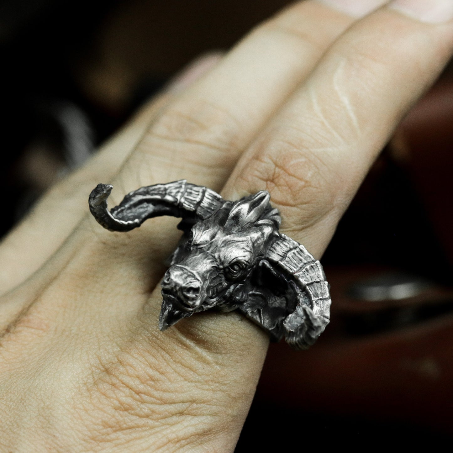 Horned Demon Ring ¨C Handmade 925 Silver Infernal Beast Band