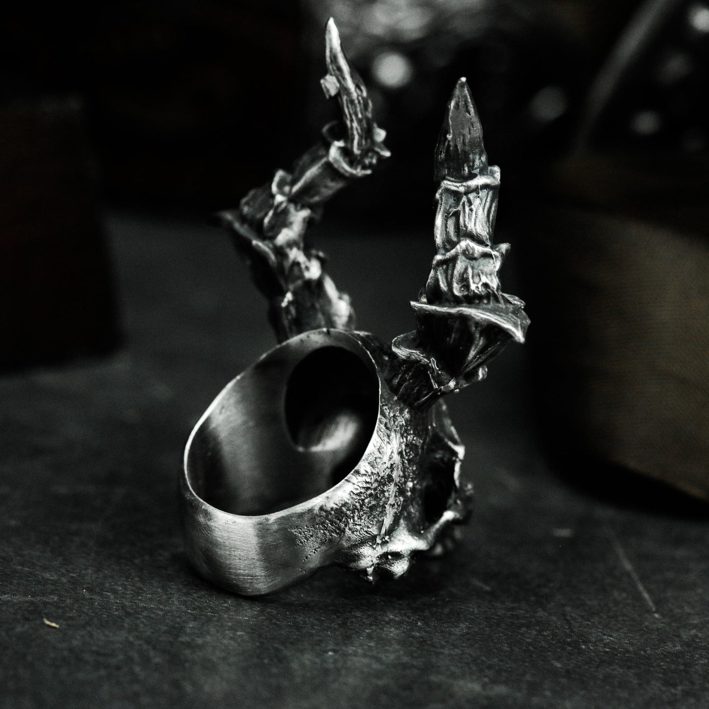 Horned Skull Ring with Bone Crown ¨C 925 Sterling Silver Handmade