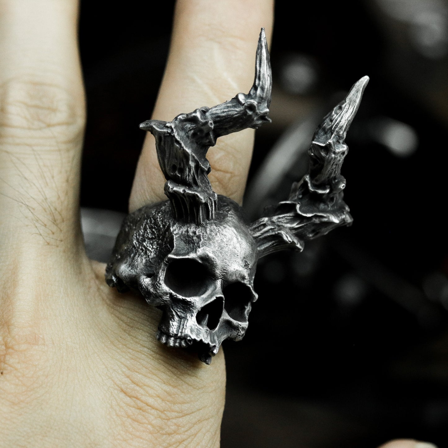 Horned Skull Ring with Bone Crown ¨C 925 Sterling Silver Handmade