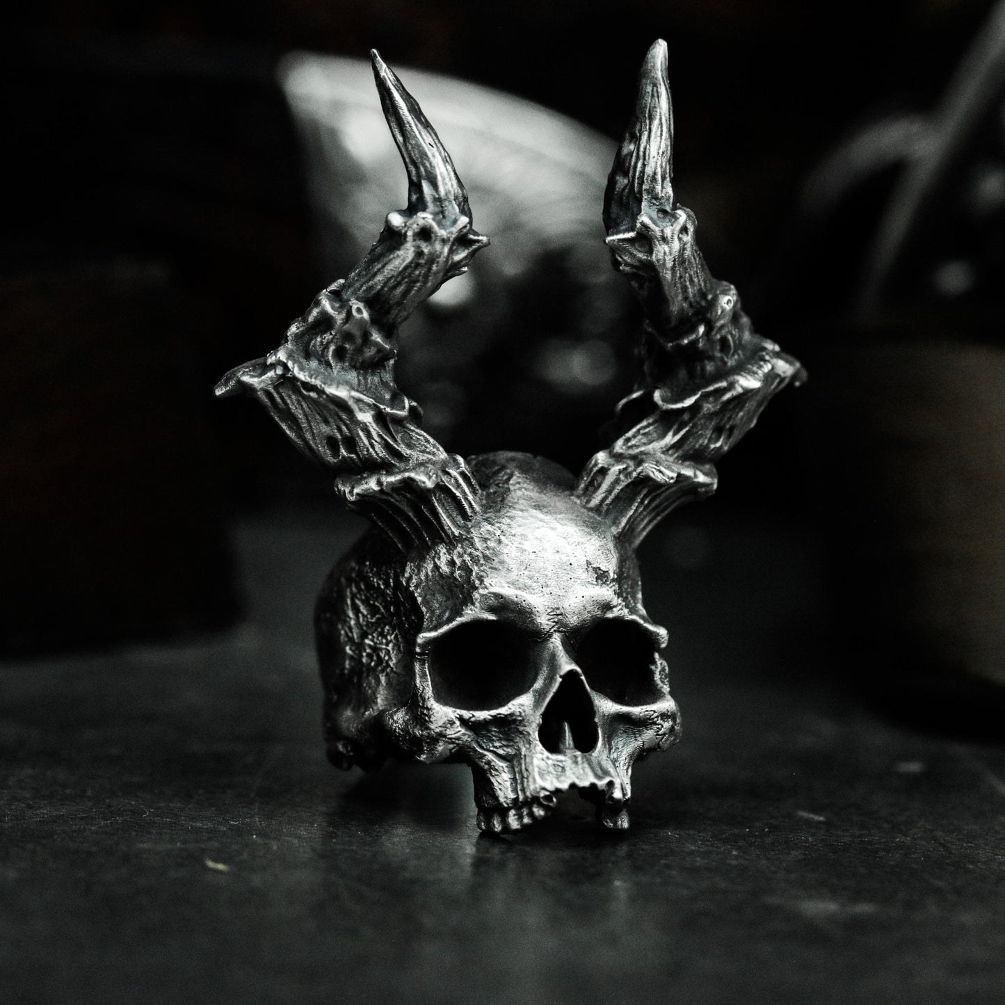 Horned Skull Ring with Bone Crown ¨C 925 Sterling Silver Handmade