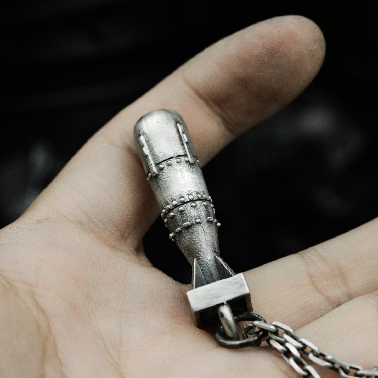 Missile Pendant with Industrial Texture - 925 Sterling Silver Handmade