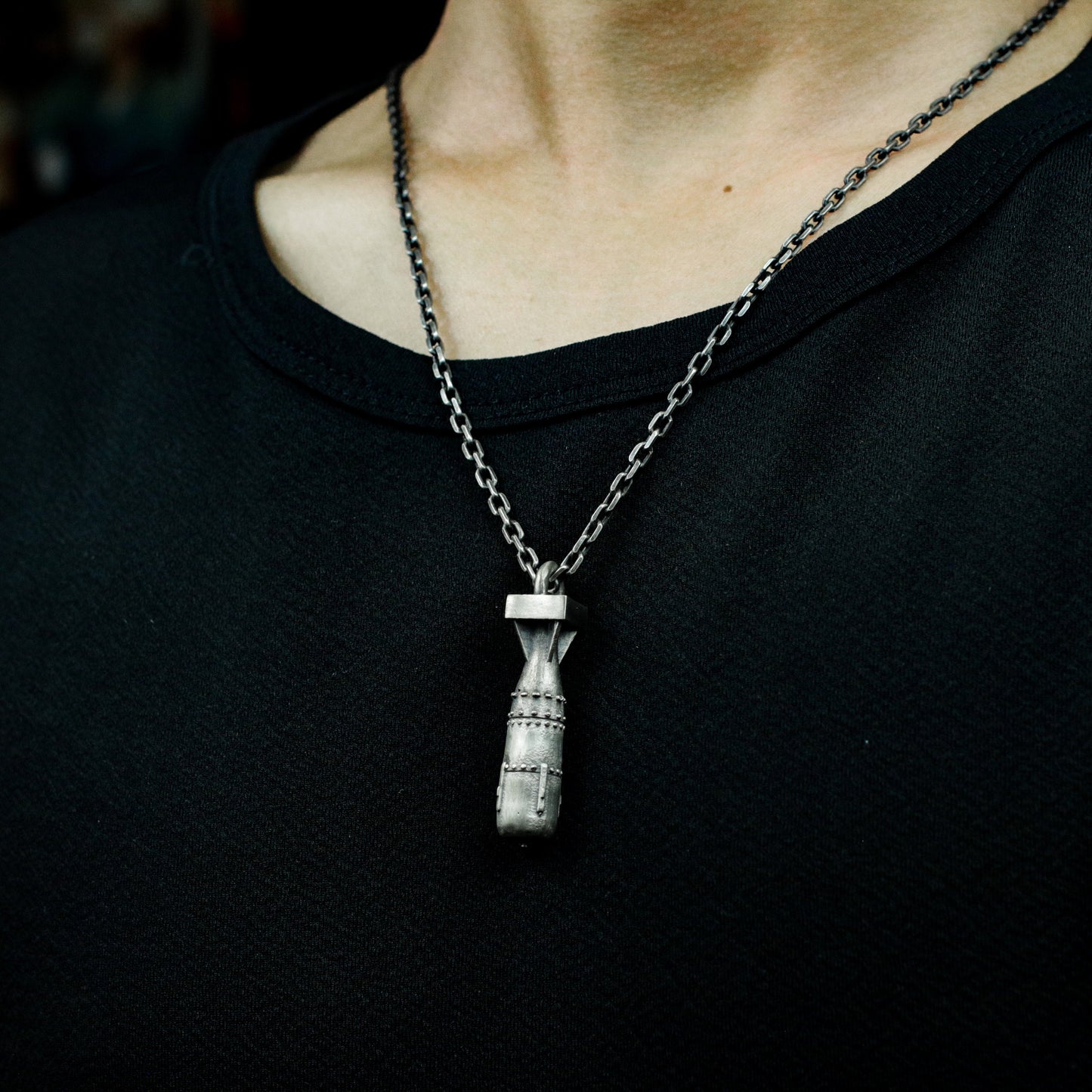 Missile Pendant with Industrial Texture - 925 Sterling Silver Handmade