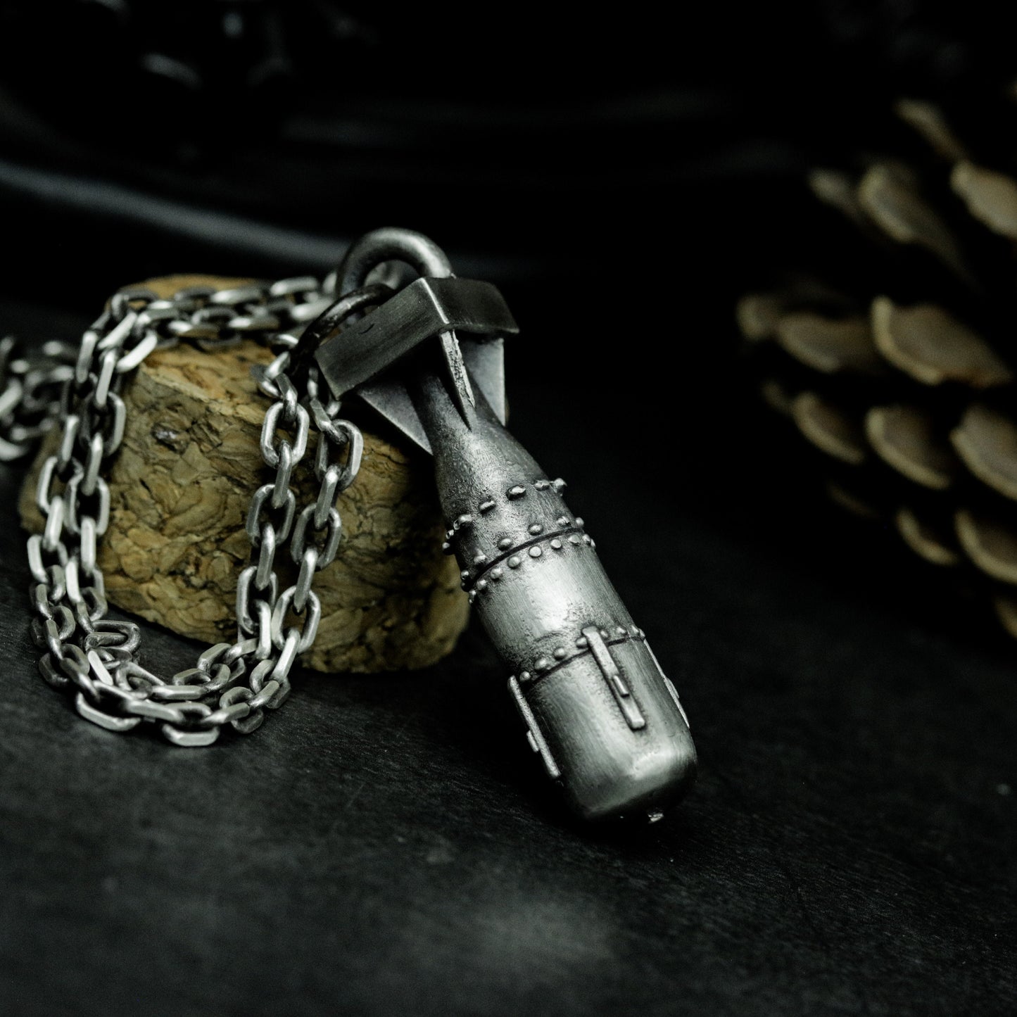 Missile Pendant with Industrial Texture - 925 Sterling Silver Handmade