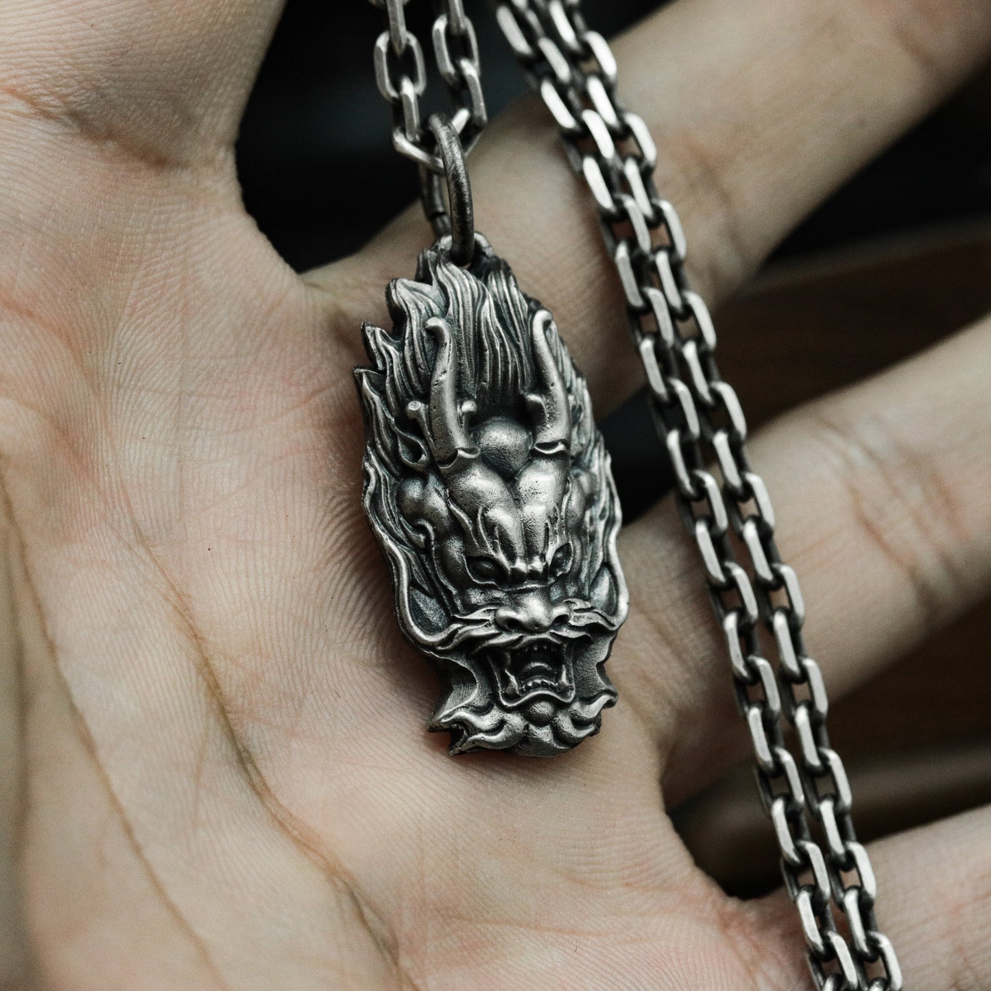 Flaming Dragon Head Pendant ¨C 925 Sterling Silver Handmade