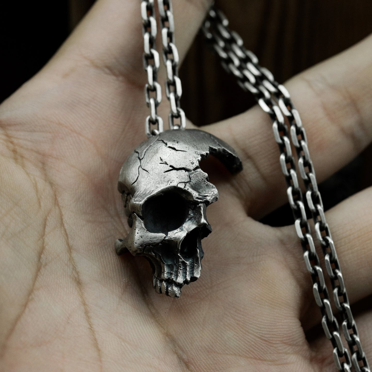 Broken Skull Pendant - 925 Silver Handmade Gothic Relic
