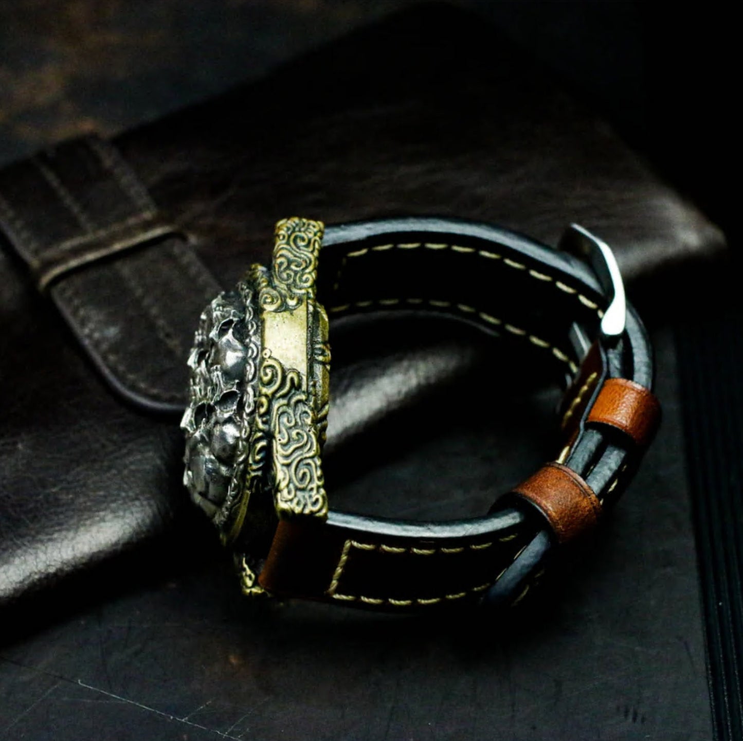Skull Leather Watch Bracelet - 925 Silver Handmade
