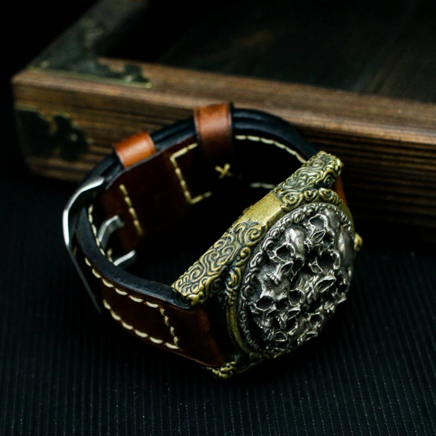 Skull Leather Watch Bracelet - 925 Silver Handmade