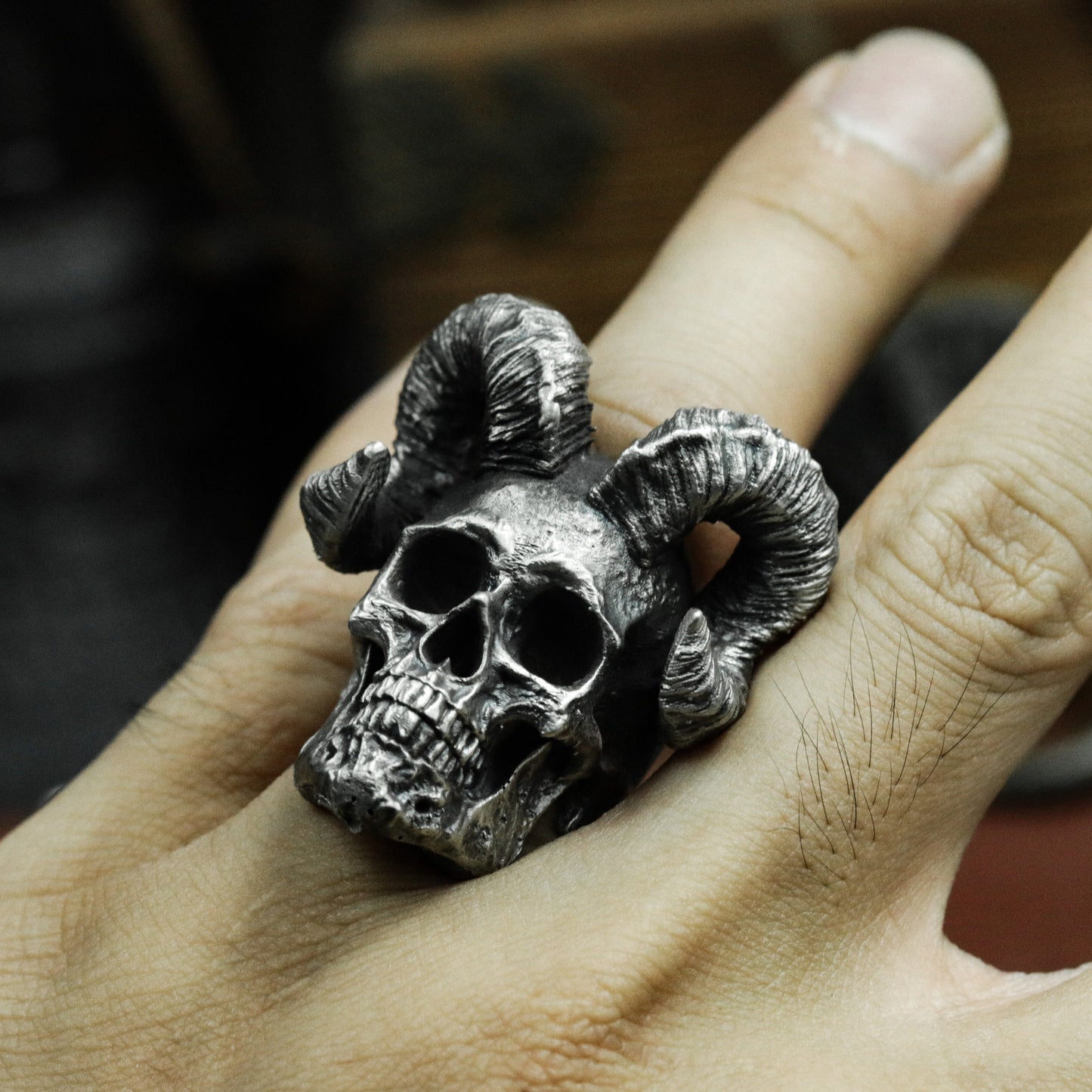 Ram Skull Ring with Curled Horns ¨C 925 Sterling Silver Handmade