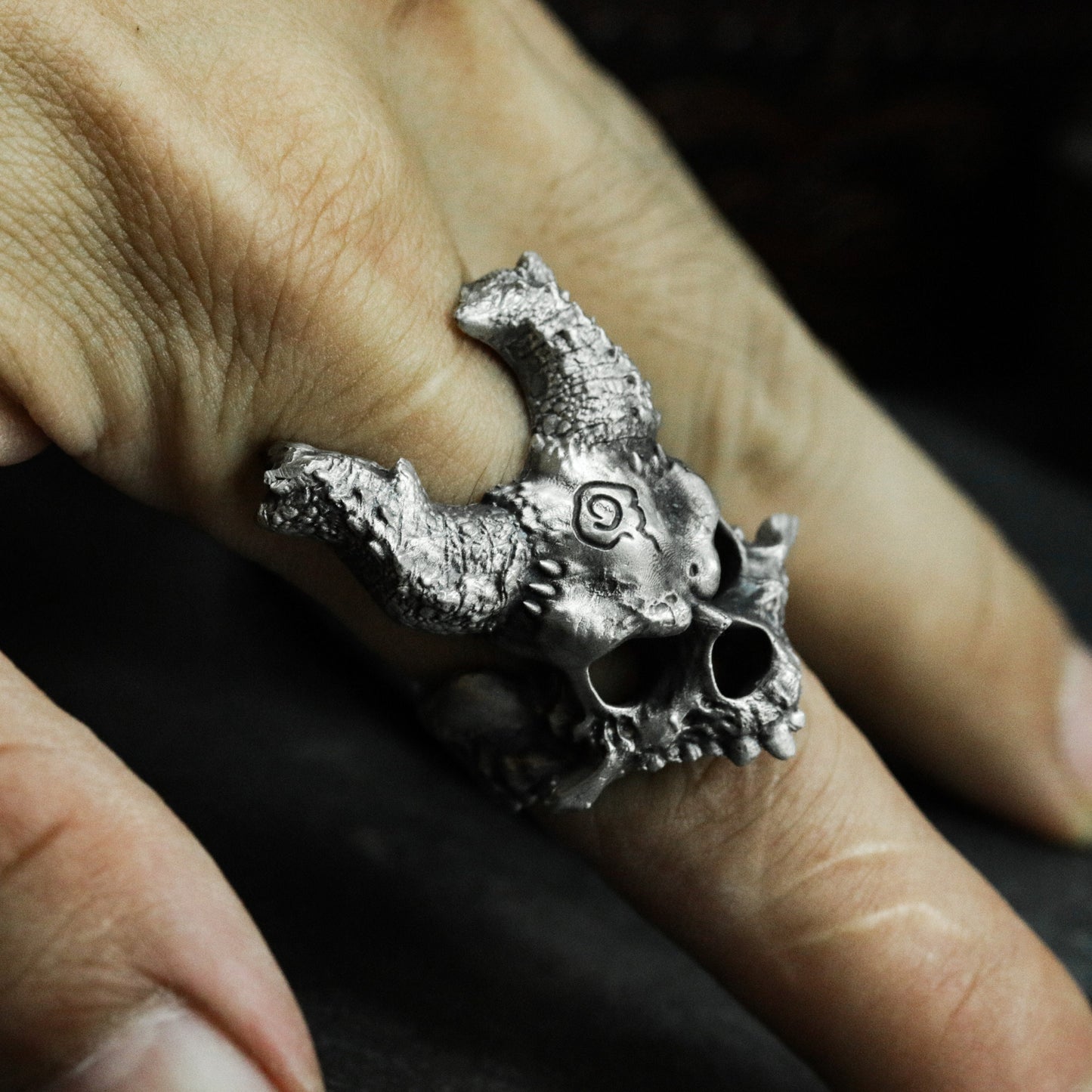 Cracked Skull Ring with Demonic Horns ¨C 925 Sterling Silver Handmade
