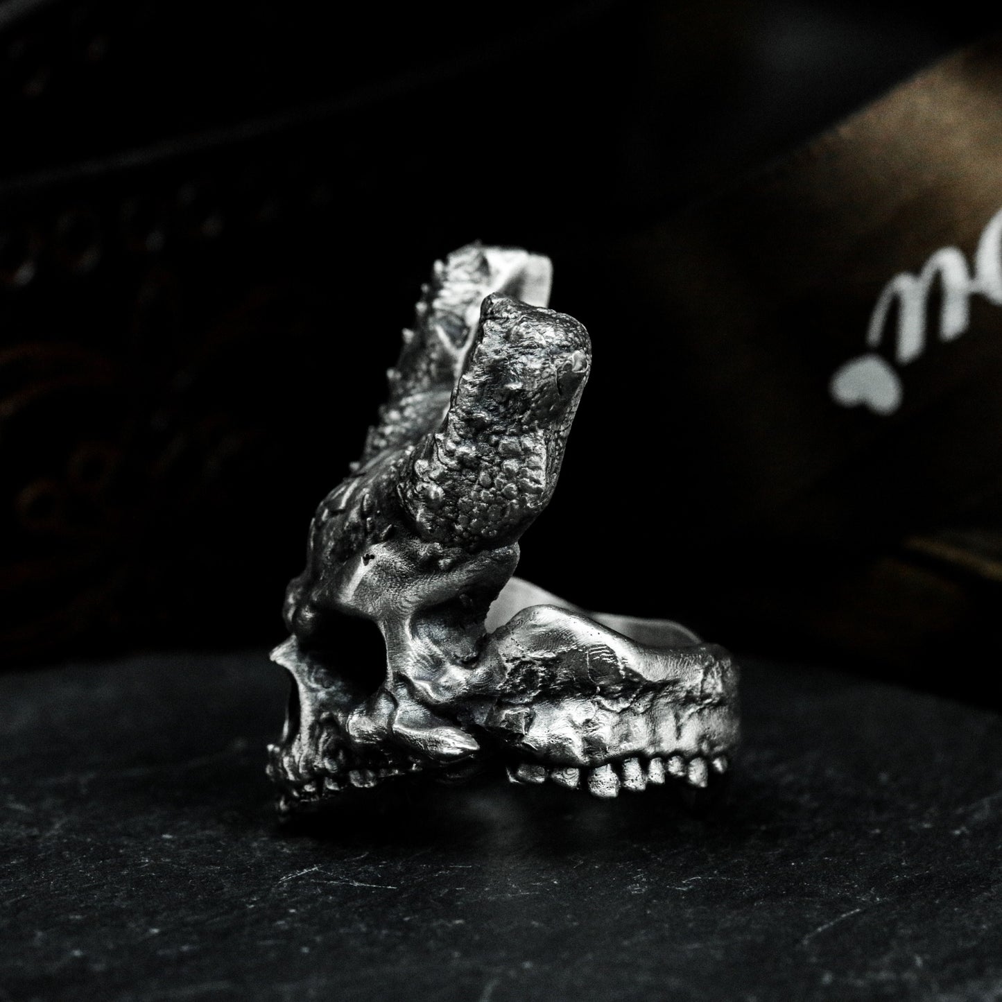 Cracked Skull Ring with Demonic Horns ¨C 925 Sterling Silver Handmade