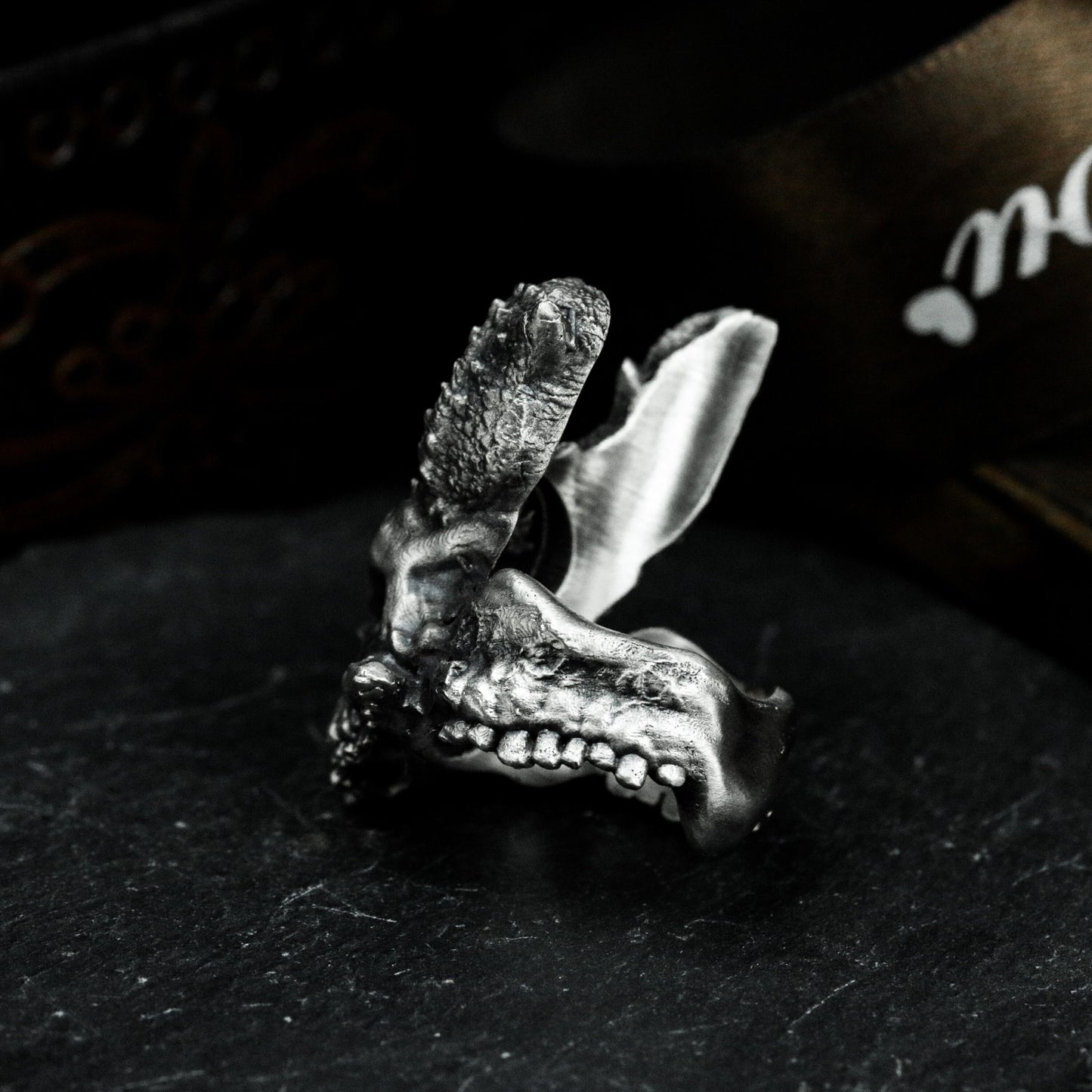 Cracked Skull Ring with Demonic Horns ¨C 925 Sterling Silver Handmade
