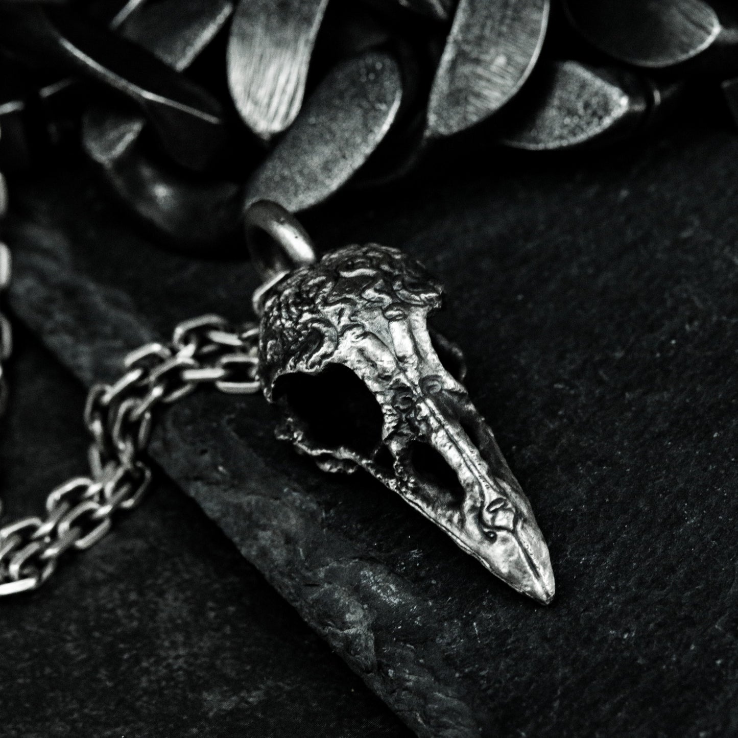 Bird Skull Pendant with Carved Details ¨C 925 Sterling Silver Handmade