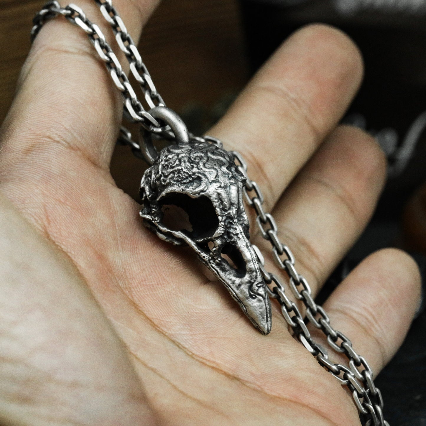Bird Skull Pendant with Carved Details ¨C 925 Sterling Silver Handmade