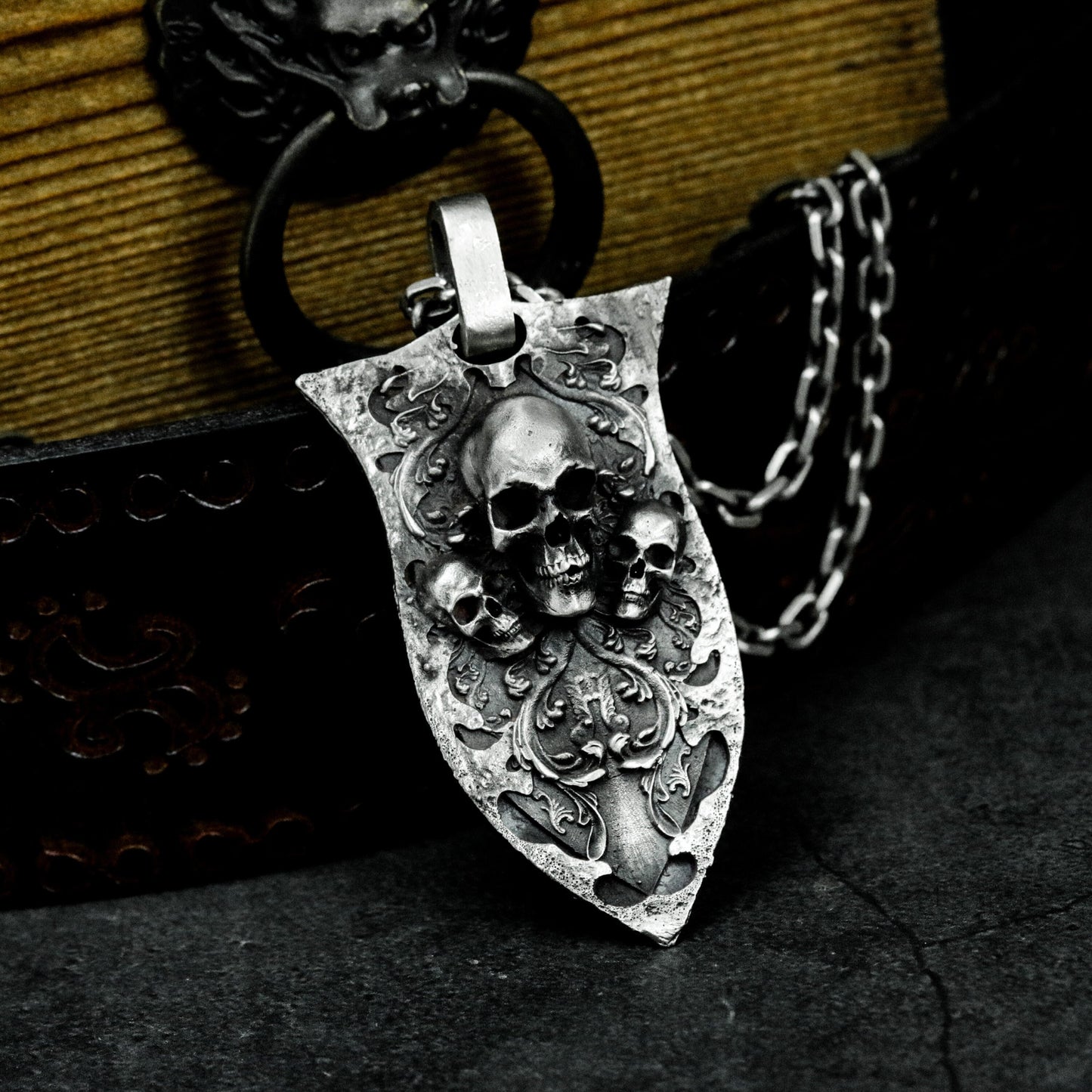 Ornate Shield Skull Pendant ¨C Handmade 925 Silver Gothic Crest Necklace