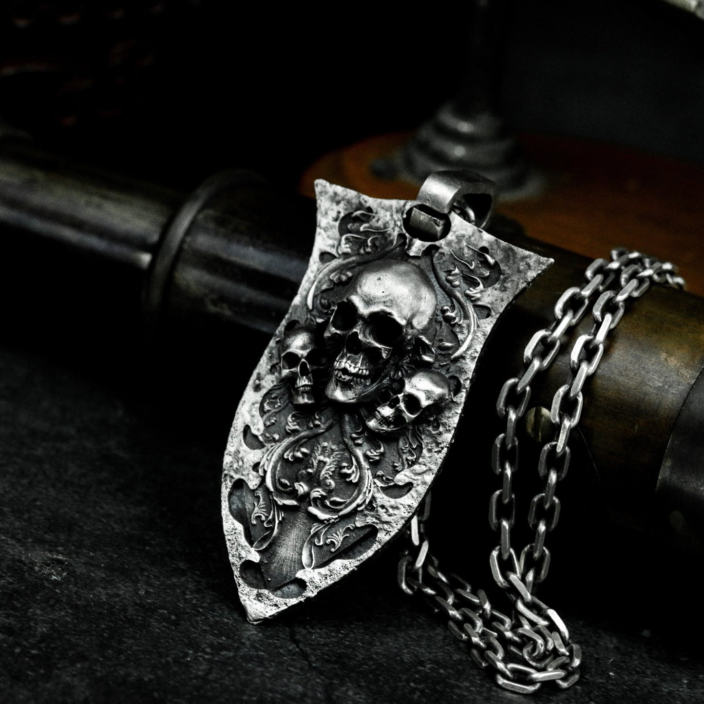 Ornate Shield Skull Pendant ¨C Handmade 925 Silver Gothic Crest Necklace