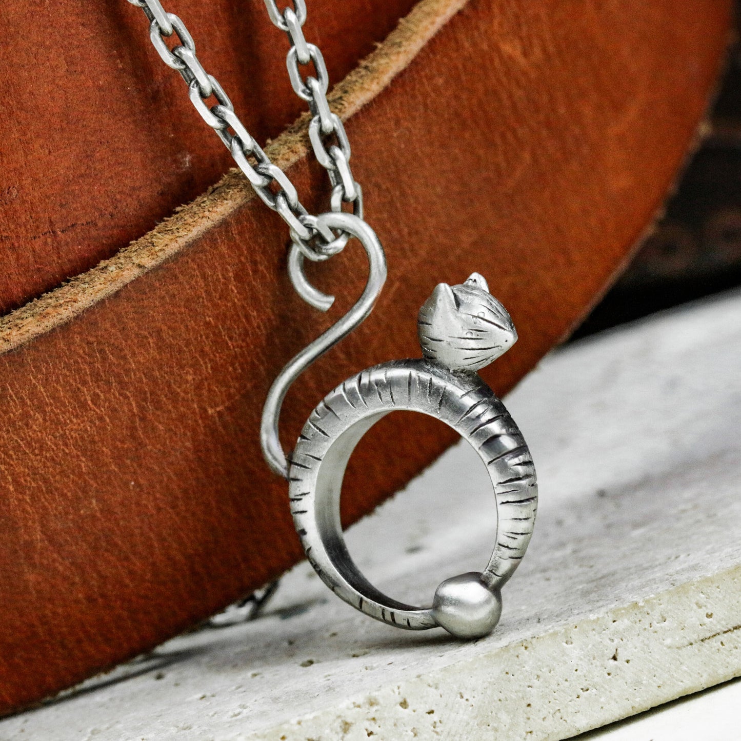 Coiled Cat in Ring Pendant ¨C 925 Sterling Silver Handmade