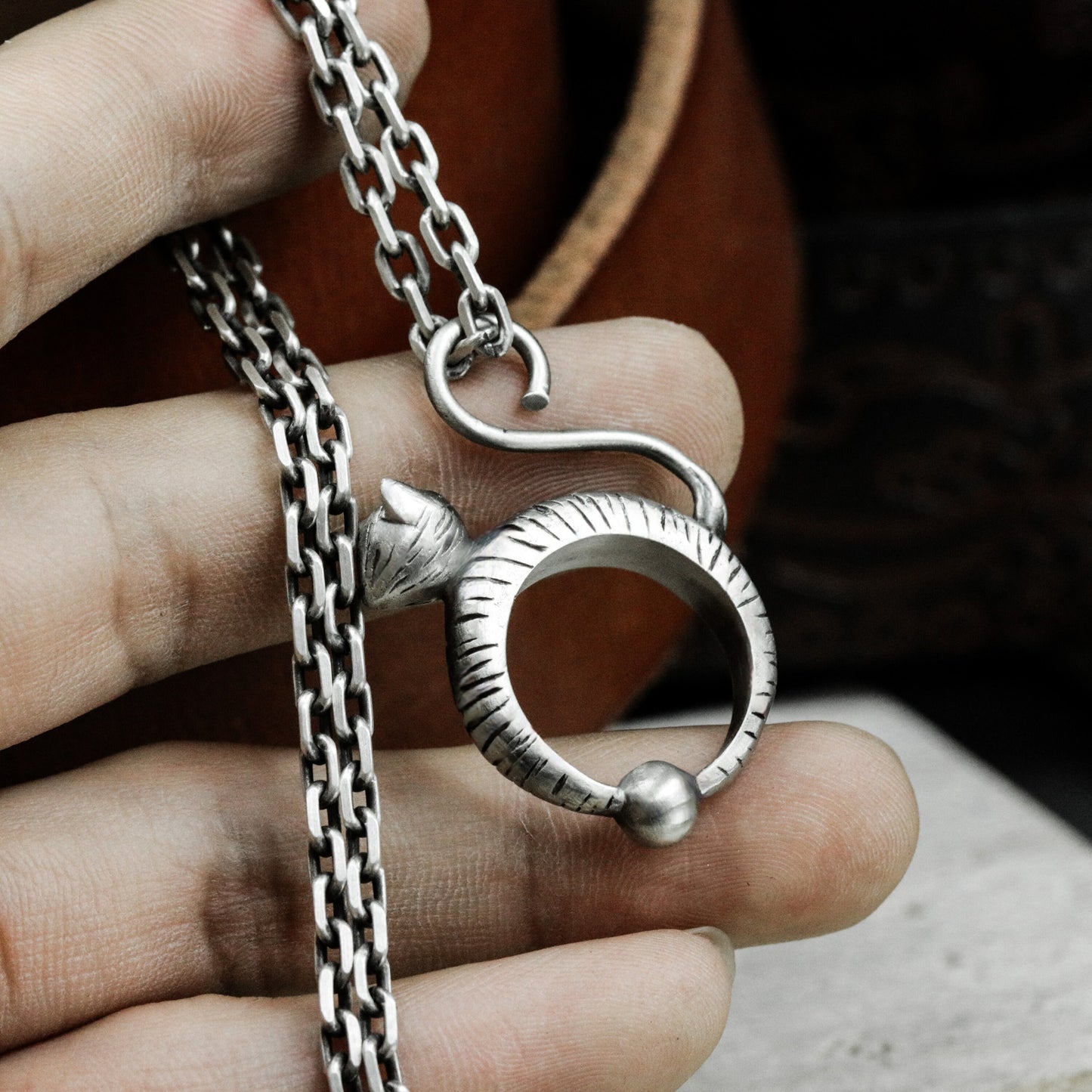 Coiled Cat in Ring Pendant ¨C 925 Sterling Silver Handmade