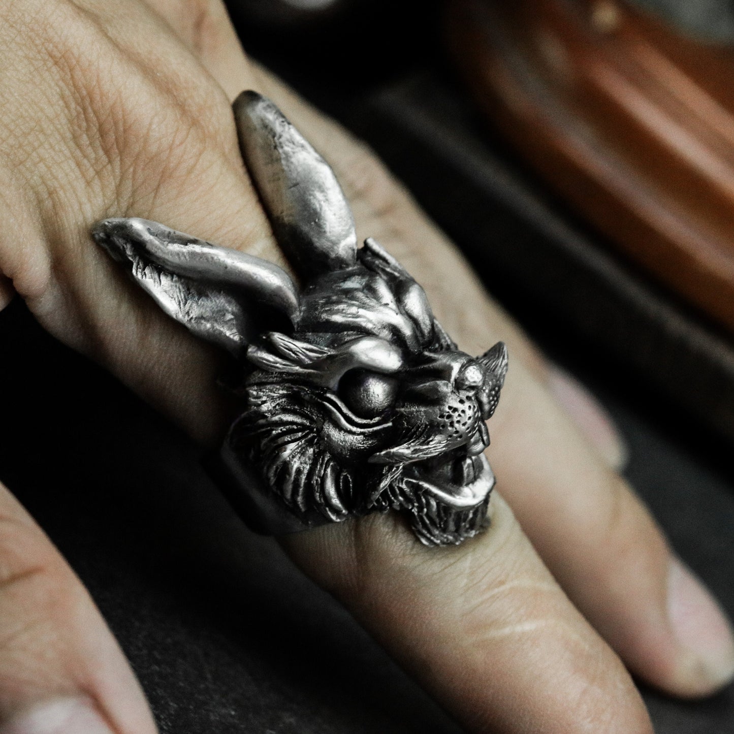 Snarling Rabbit Ring ¨C Handmade 925 Silver Fierce Animal Band