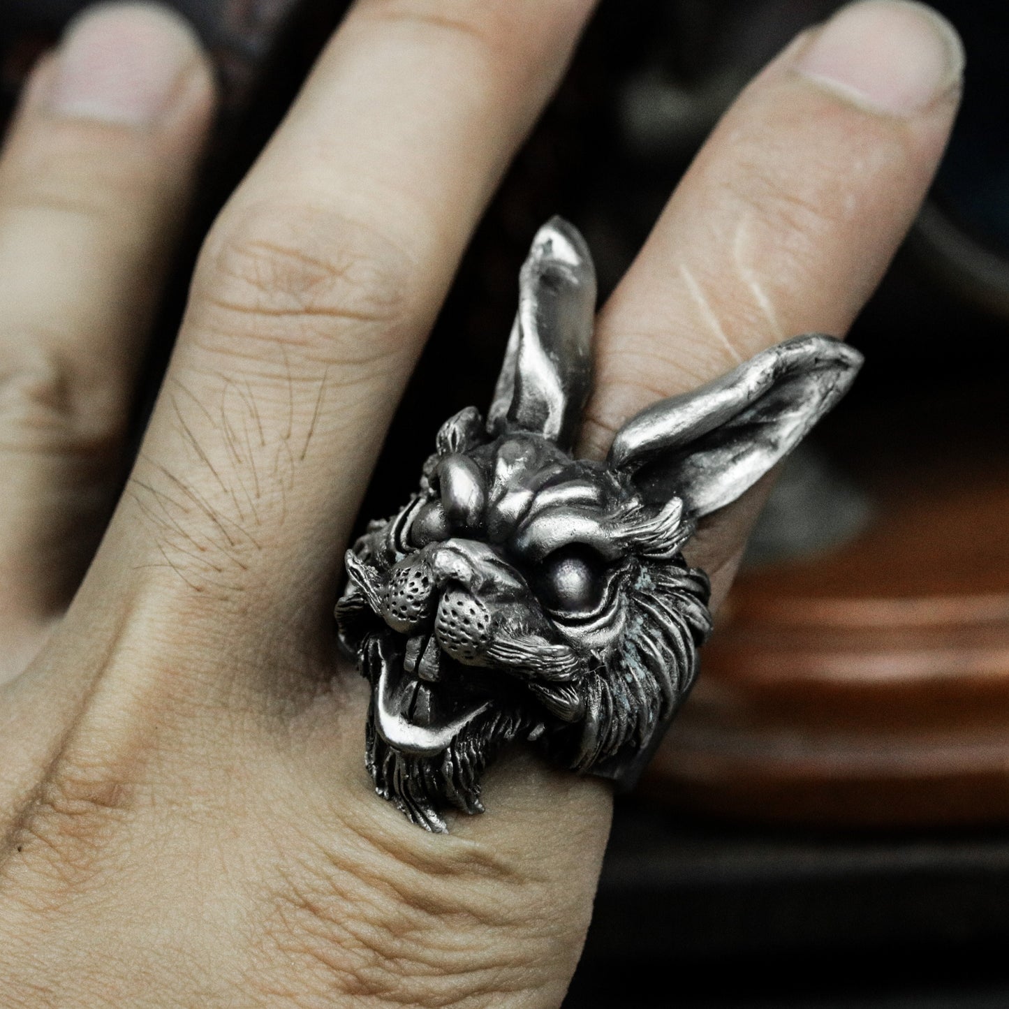 Snarling Rabbit Ring ¨C Handmade 925 Silver Fierce Animal Band