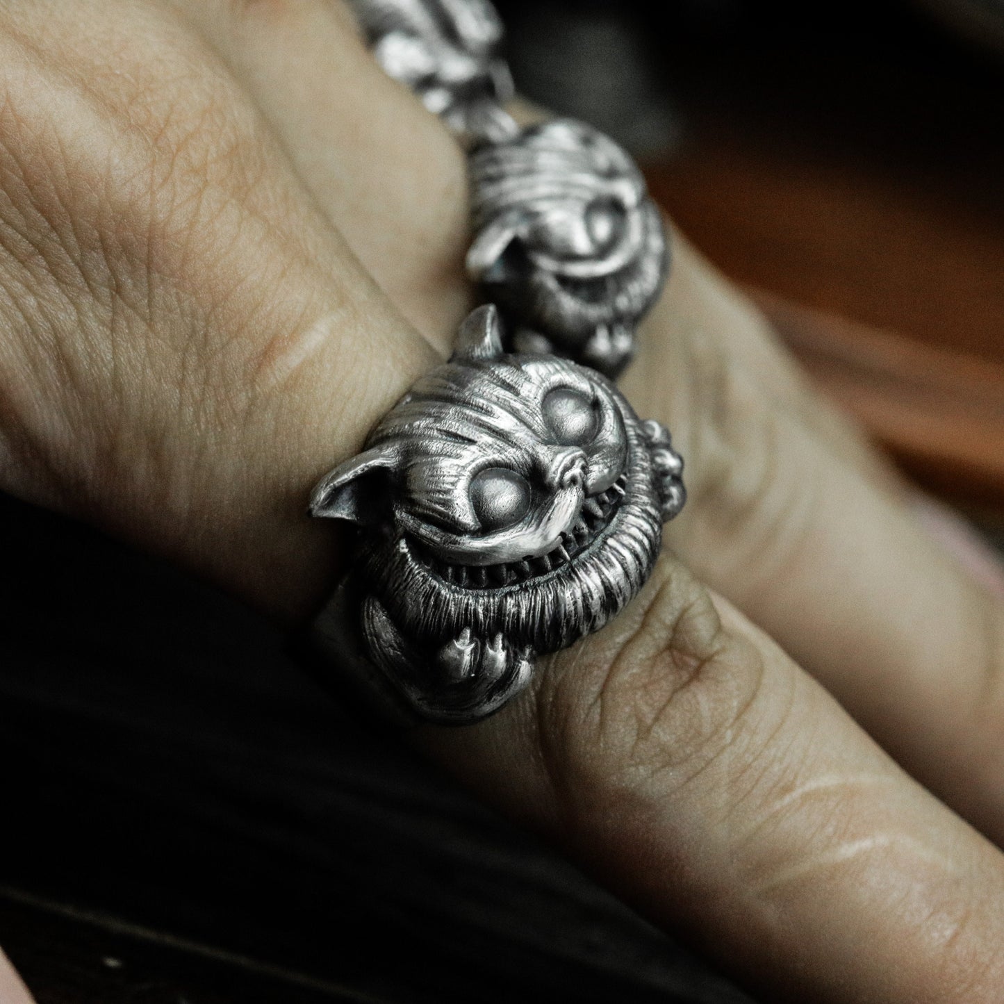 Cheshire Cat Ring with Grinning Face ¨C 925 Sterling Silver Handmade