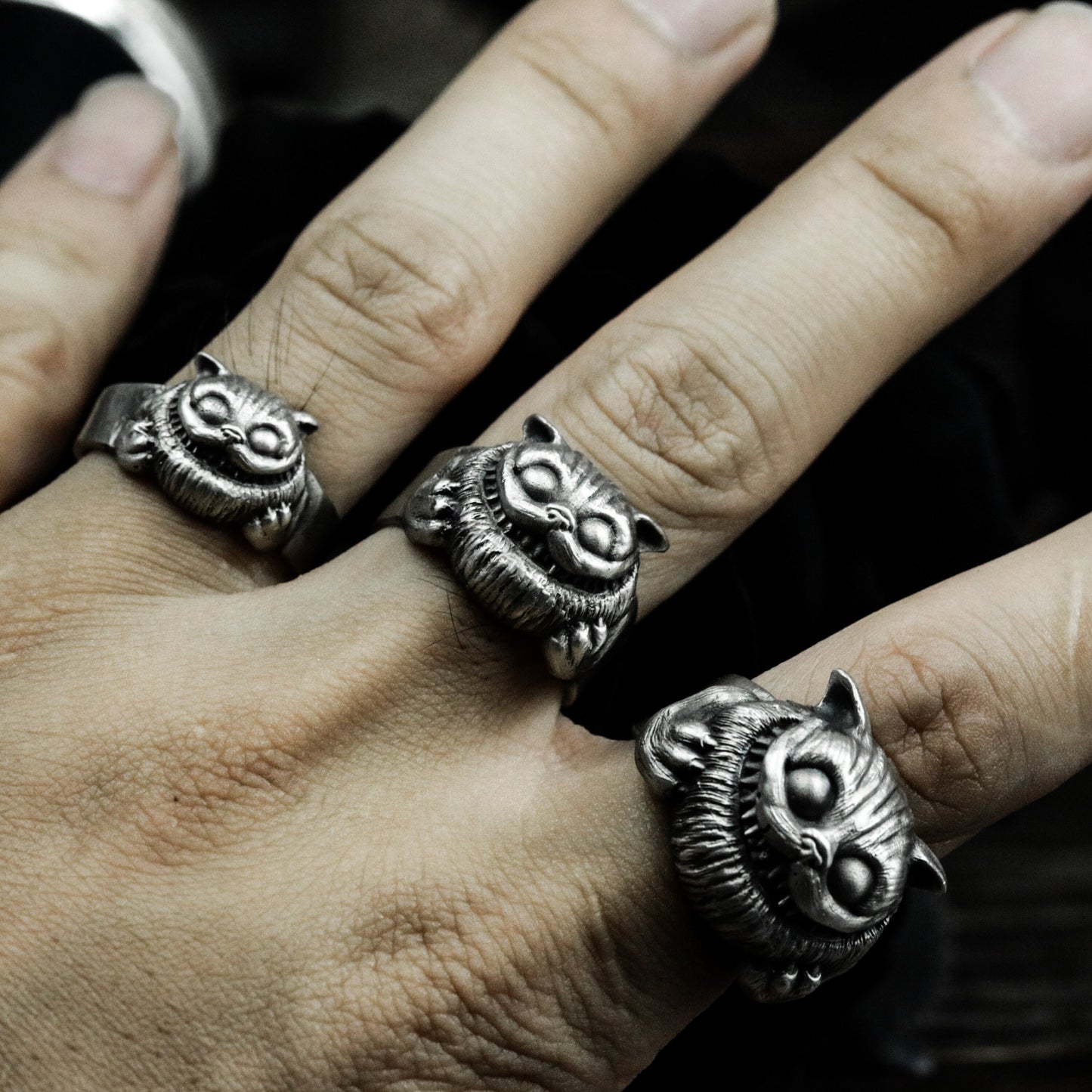 Cheshire Cat Ring with Grinning Face ¨C 925 Sterling Silver Handmade