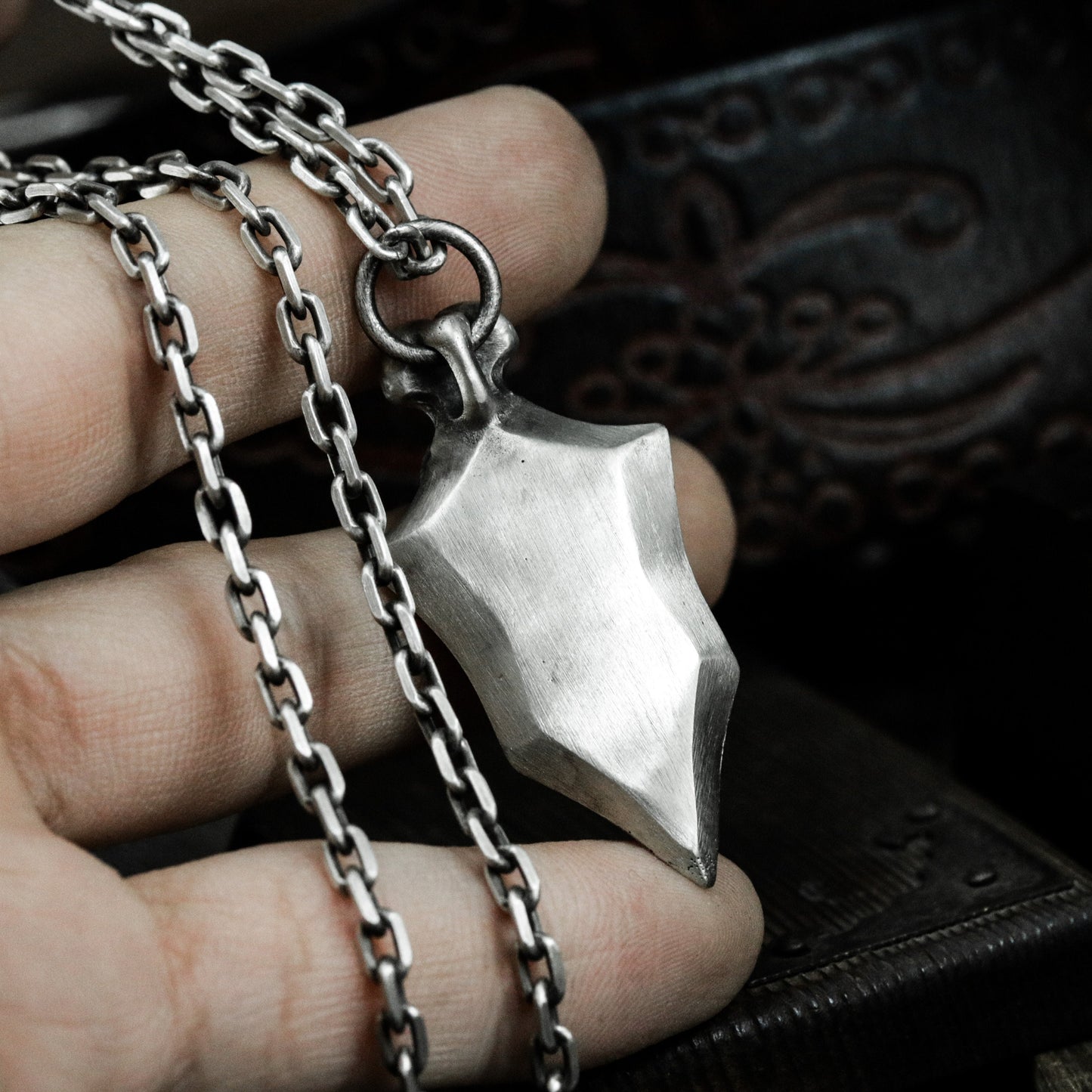 Blade Shield Skull Pendant ¨C Handmade 925 Silver Dark Armor Necklace